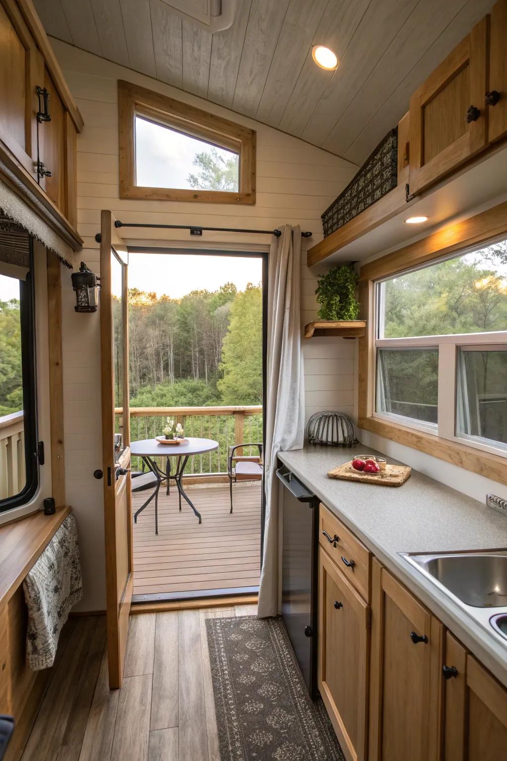 Hinged shutters fashion a smooth segue to the exterior.