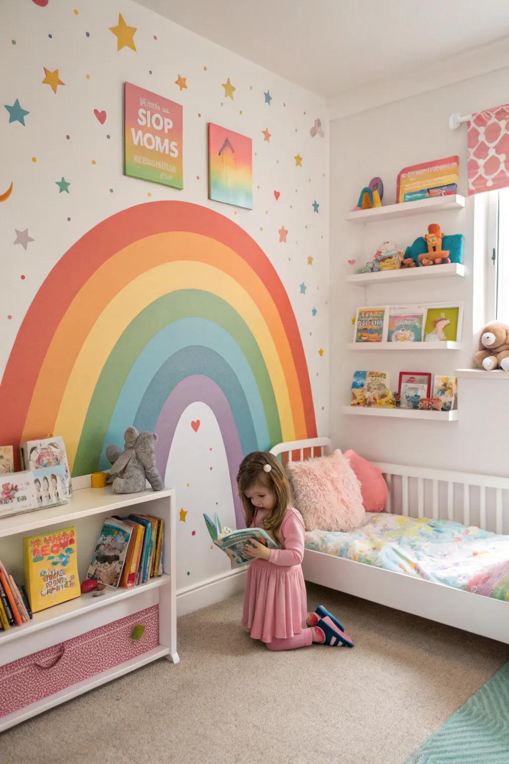 A rainbow mural brings a vibrant and cheerful element to the bedroom.
