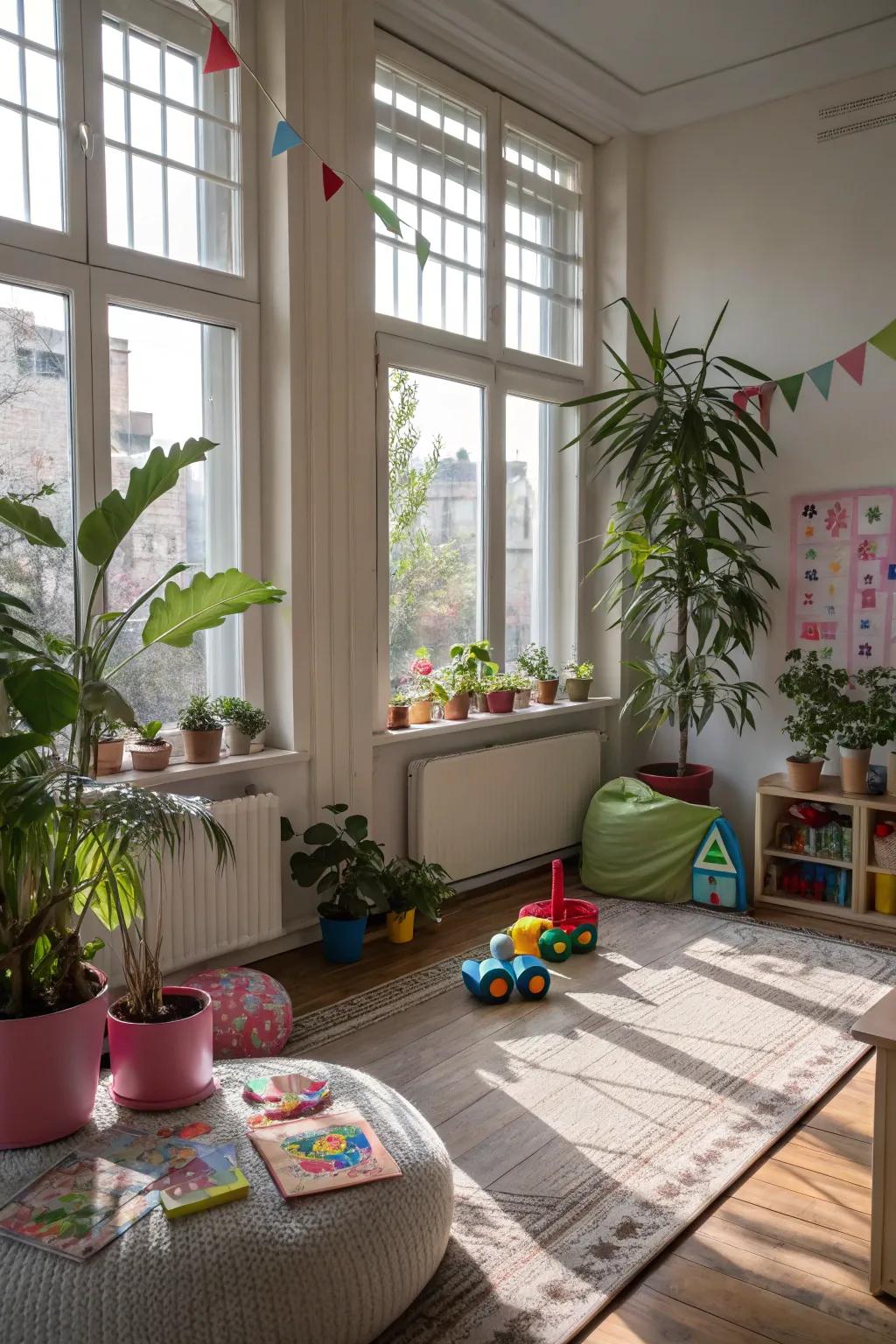 Natural light and plants fashion a serene and inviting playroom.