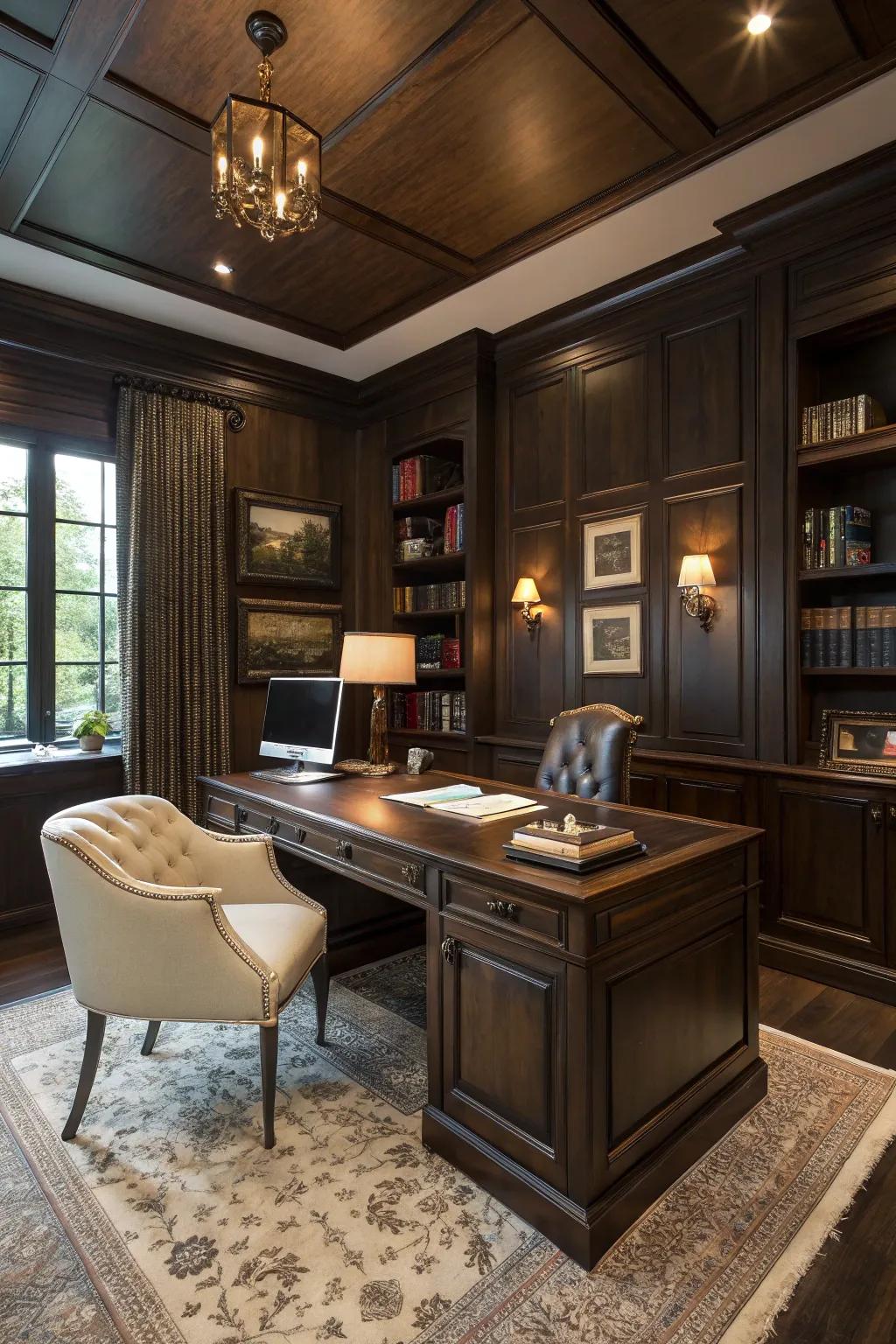 A sophisticated office setting featuring deep-toned shiplap walls.