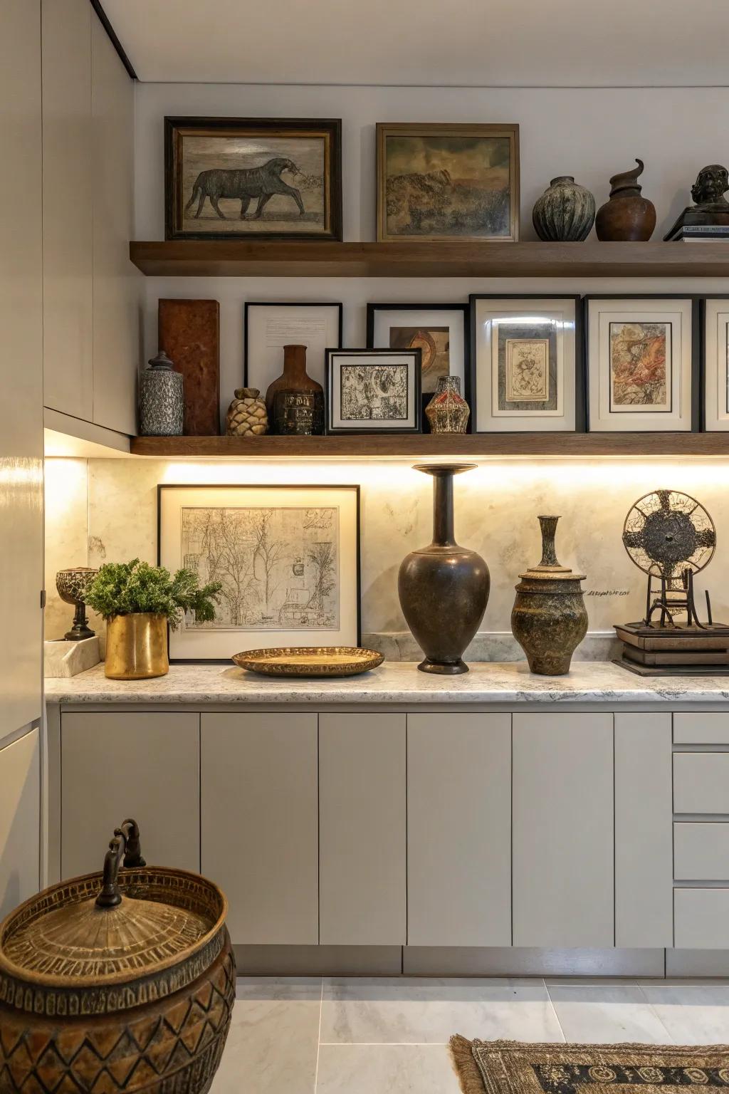 Embrace a fusion fashion by blending various decorations above your cabinets.