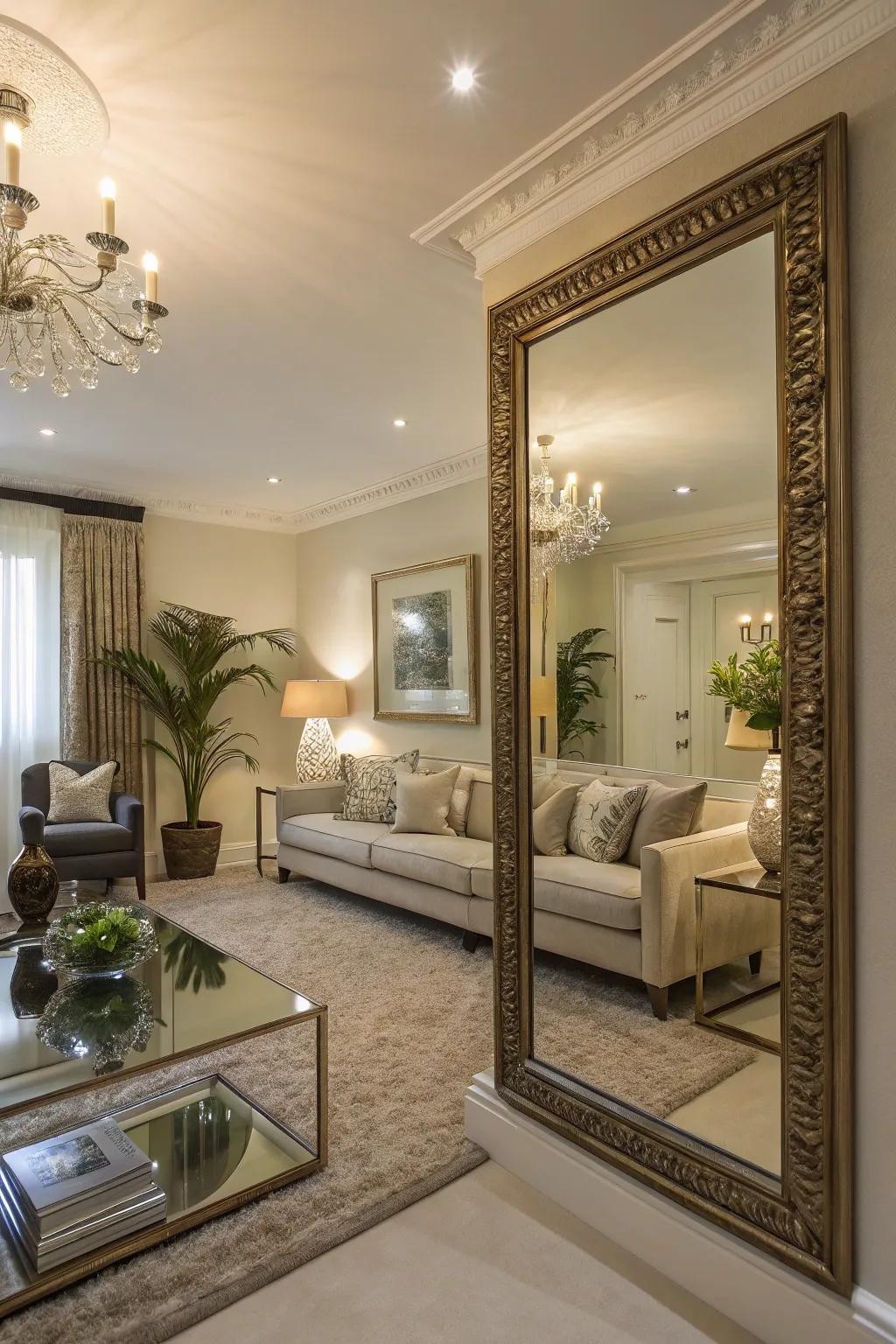 Living room featuring a large decorative mirror