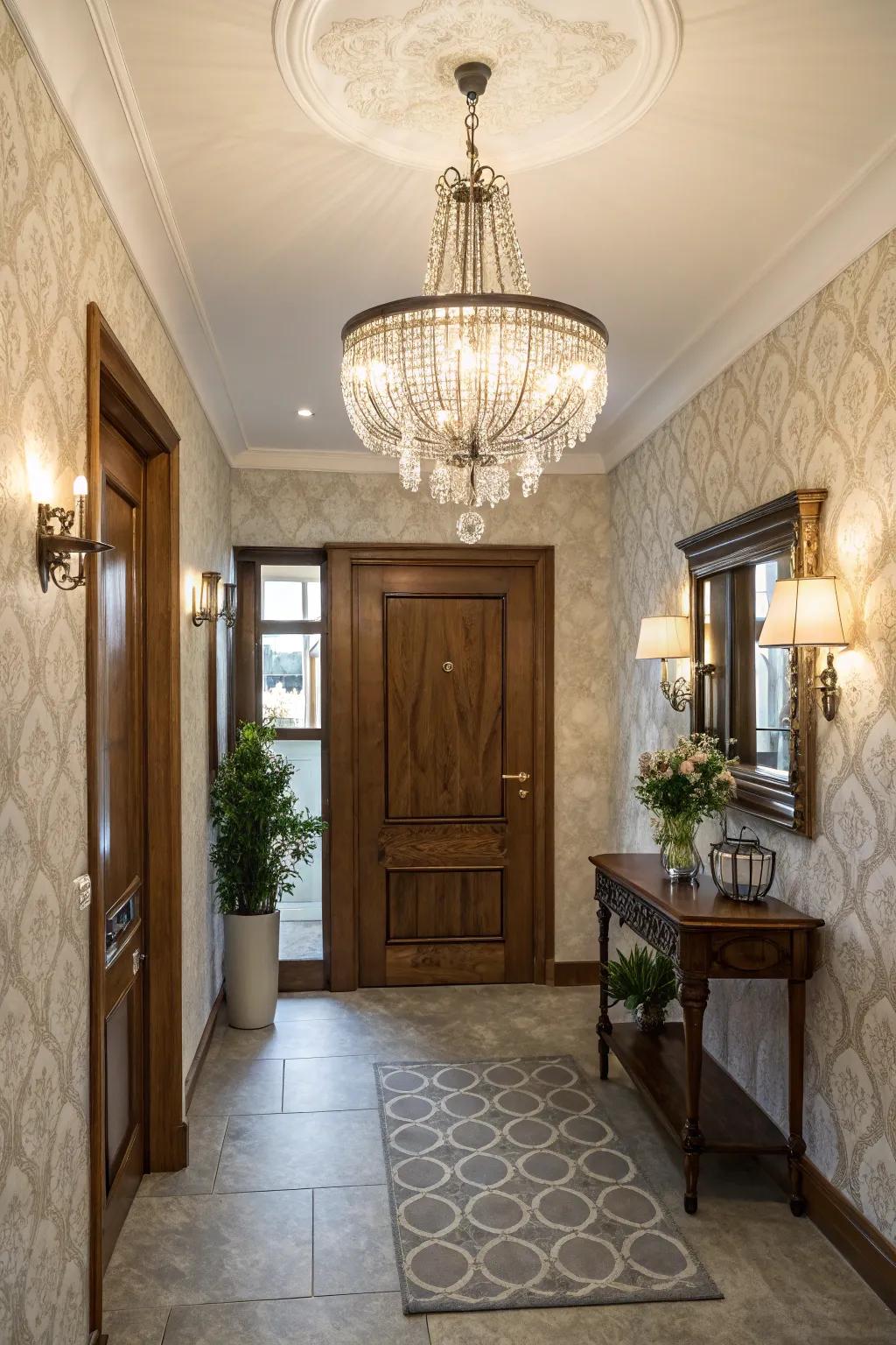 Distinct lighting fixtures bring character and intrigue to an entryway.
