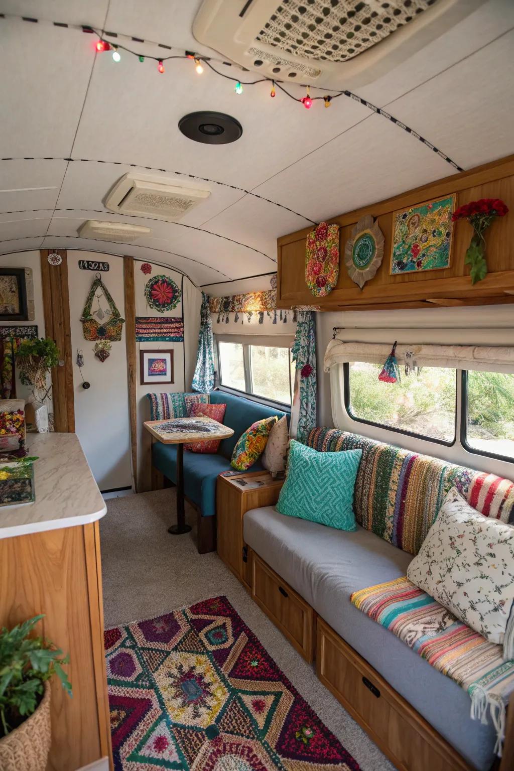 The decor in this travel trailer shows the owner's unique personality and style.