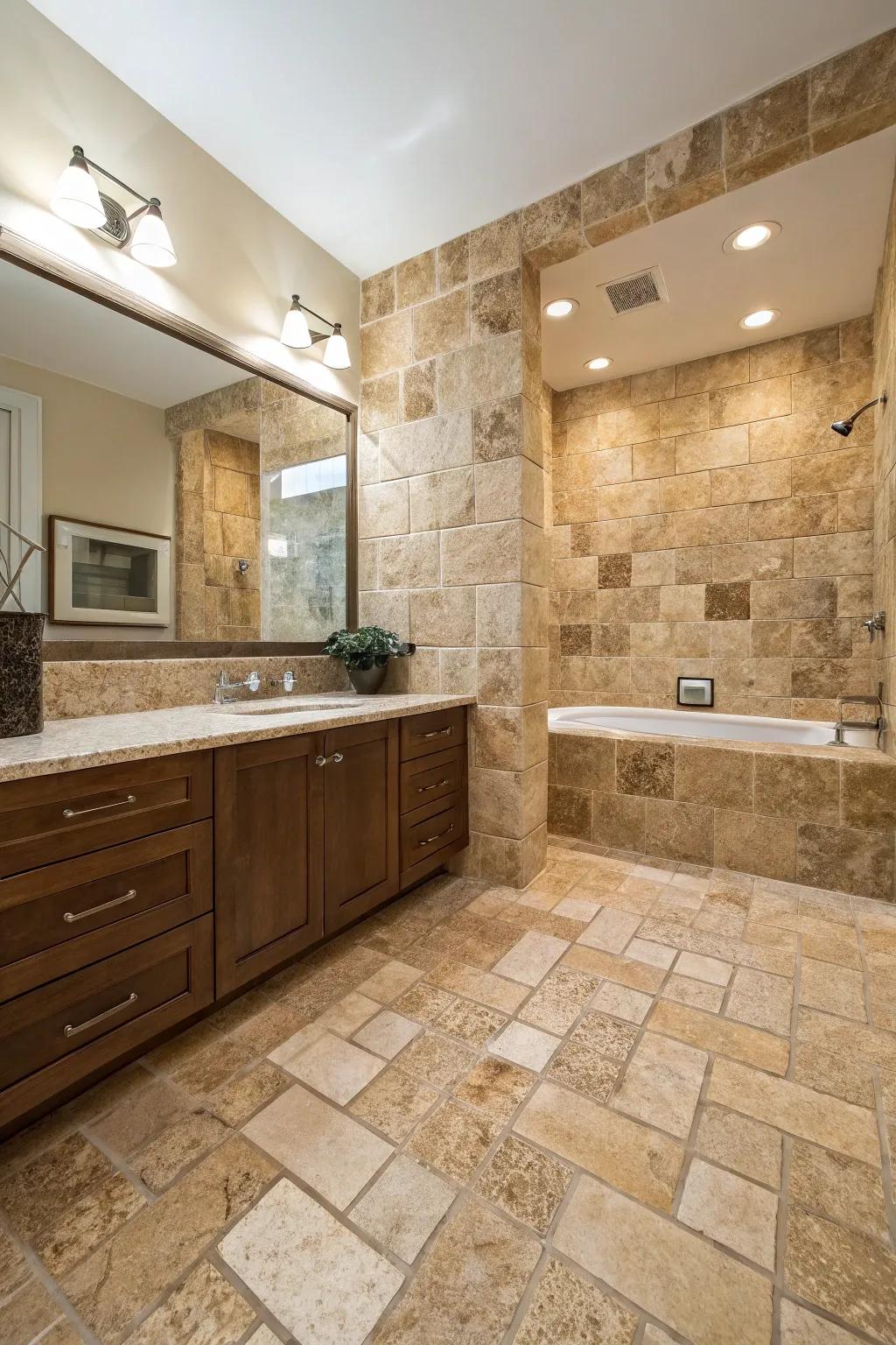 A bathroom featuring a blend of surfaces with different travertine tile cuts.