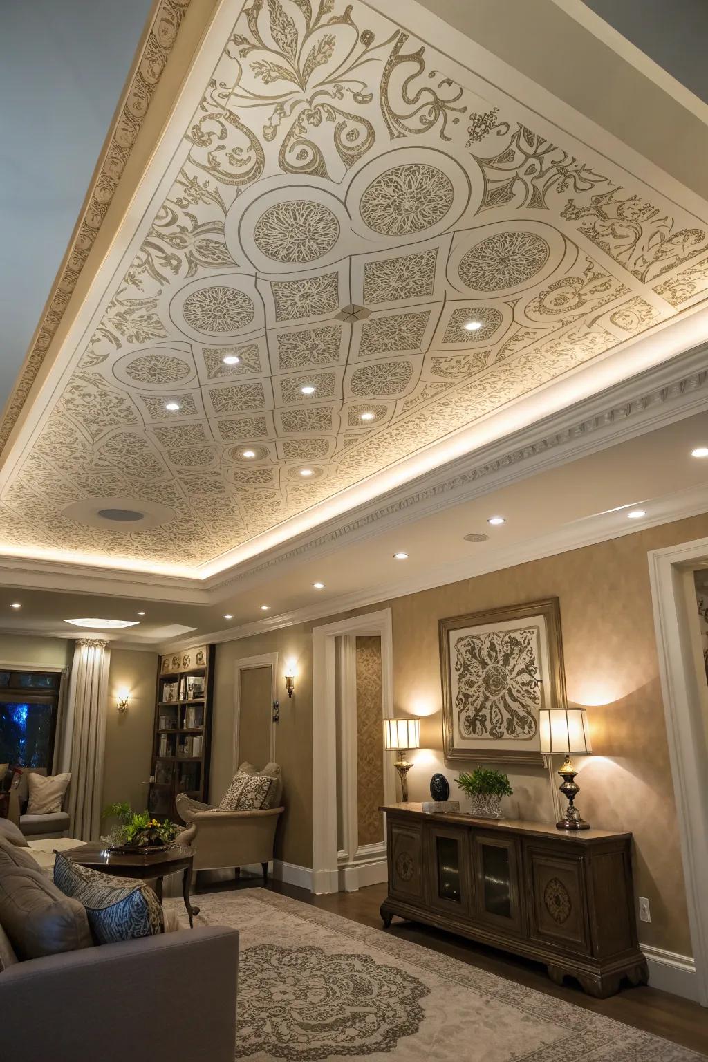 An artistic room highlighting a tray ceiling featuring stenciled patterns.