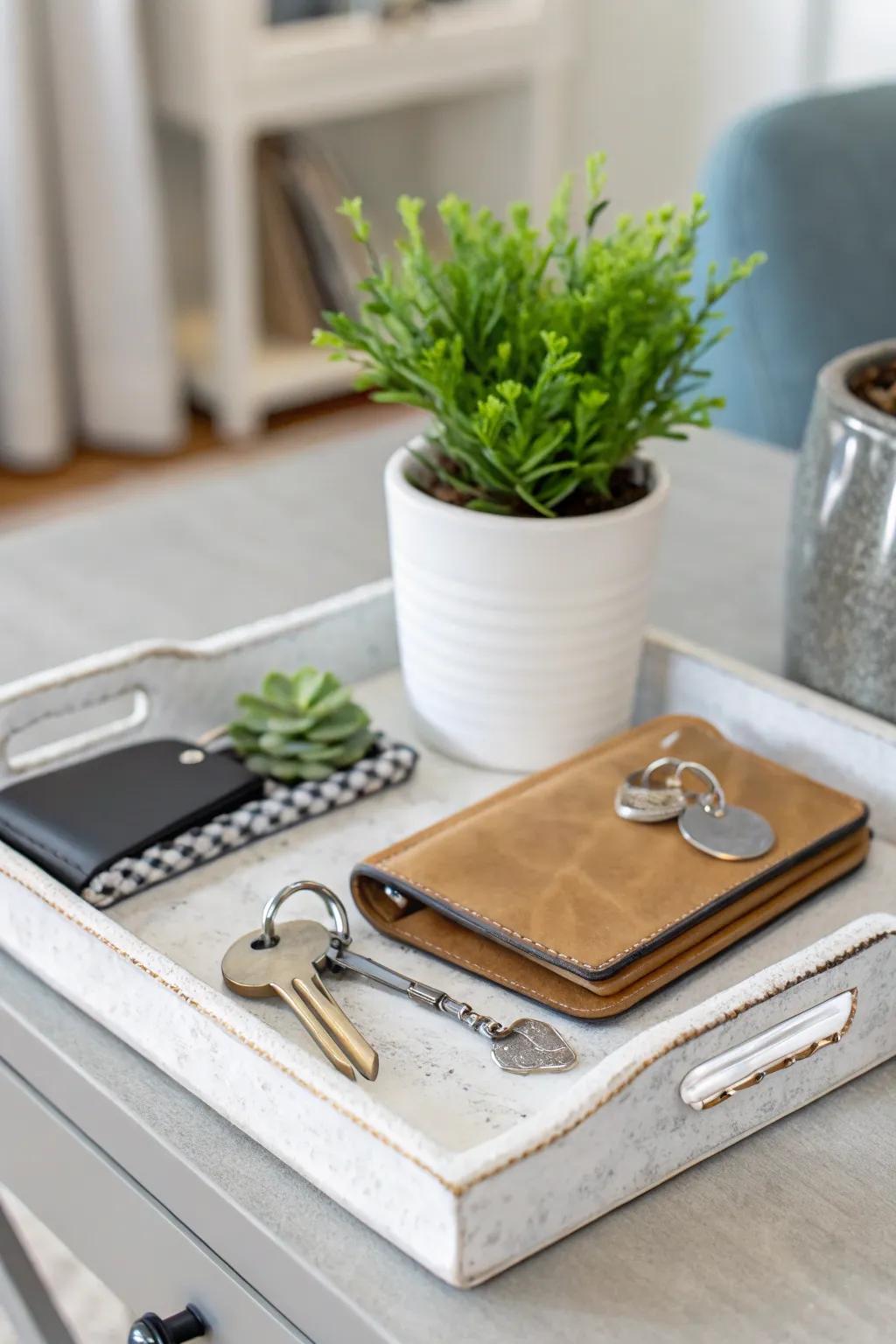 An organized entrance vestibule showcasing a practical collection point tray.