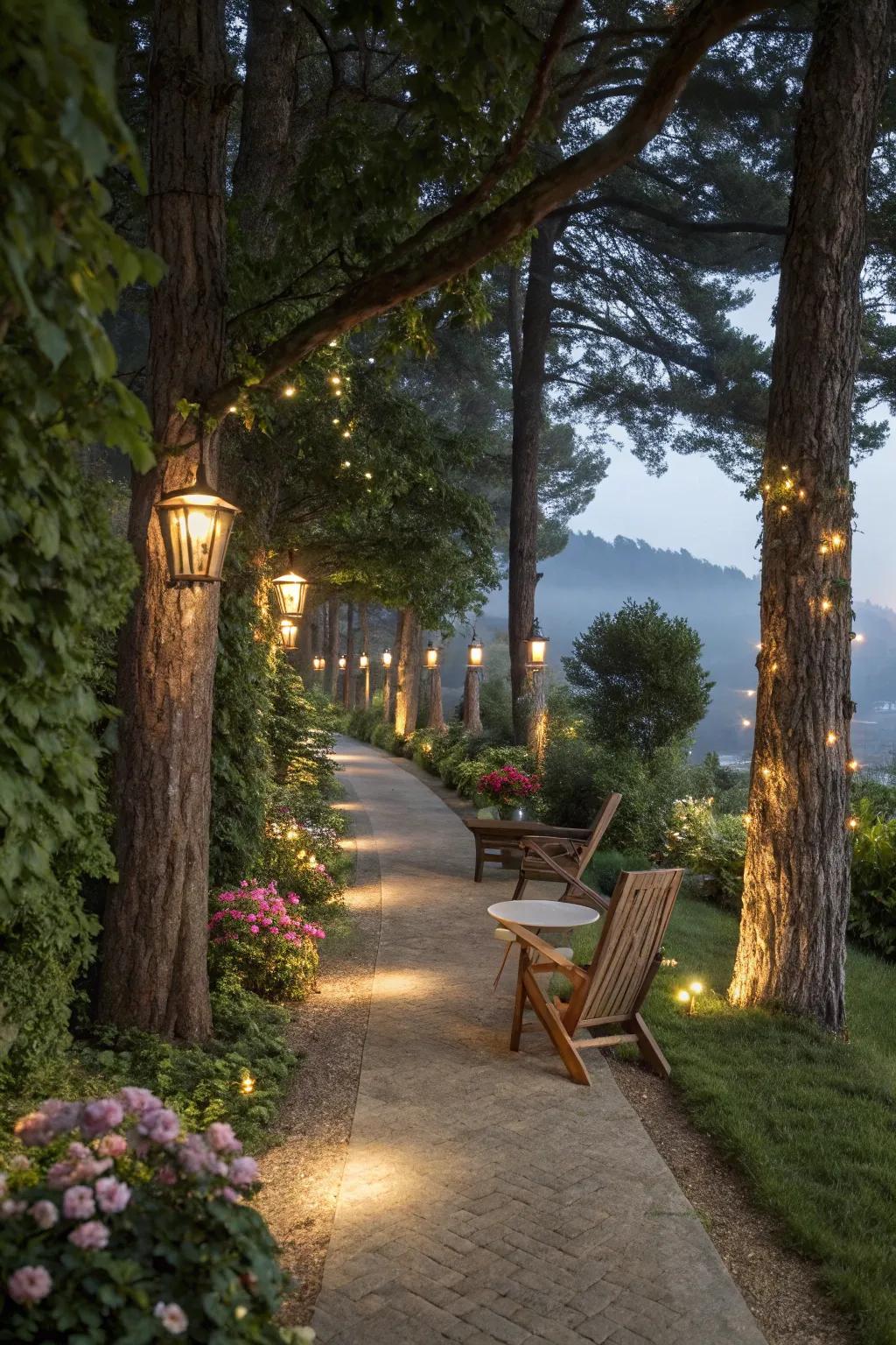 Tree lighting elevates garden walkways beautifully.