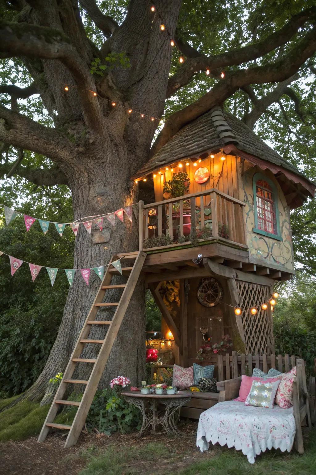 A themed treehouse with fairytale elements, creating a storybook-like atmosphere.