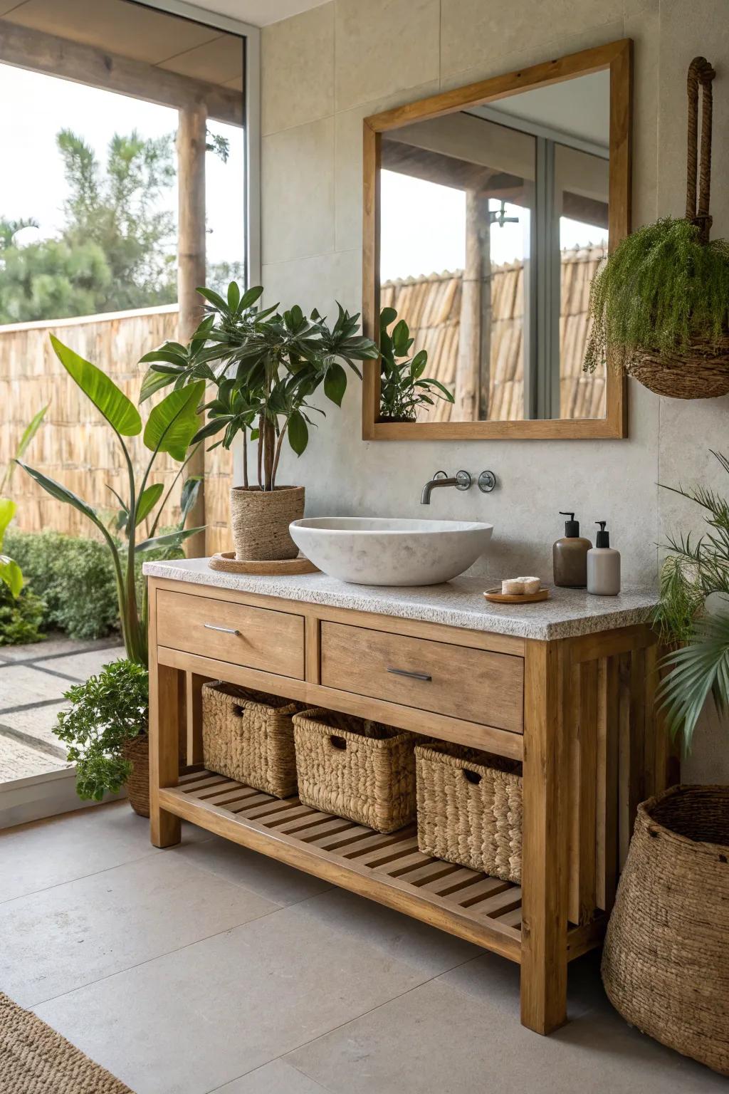 A bathroom vanity crafted from eco-conscious materials for a sustainable and natural look.