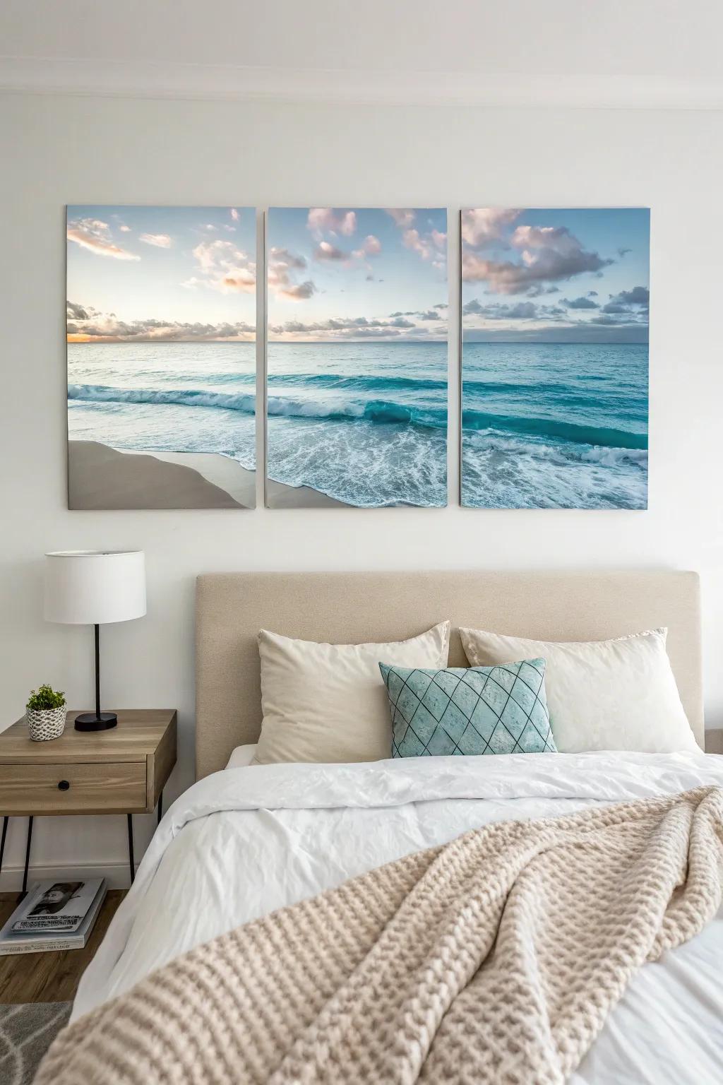 Beach-themed triptych art for a tranquil room hideaway.