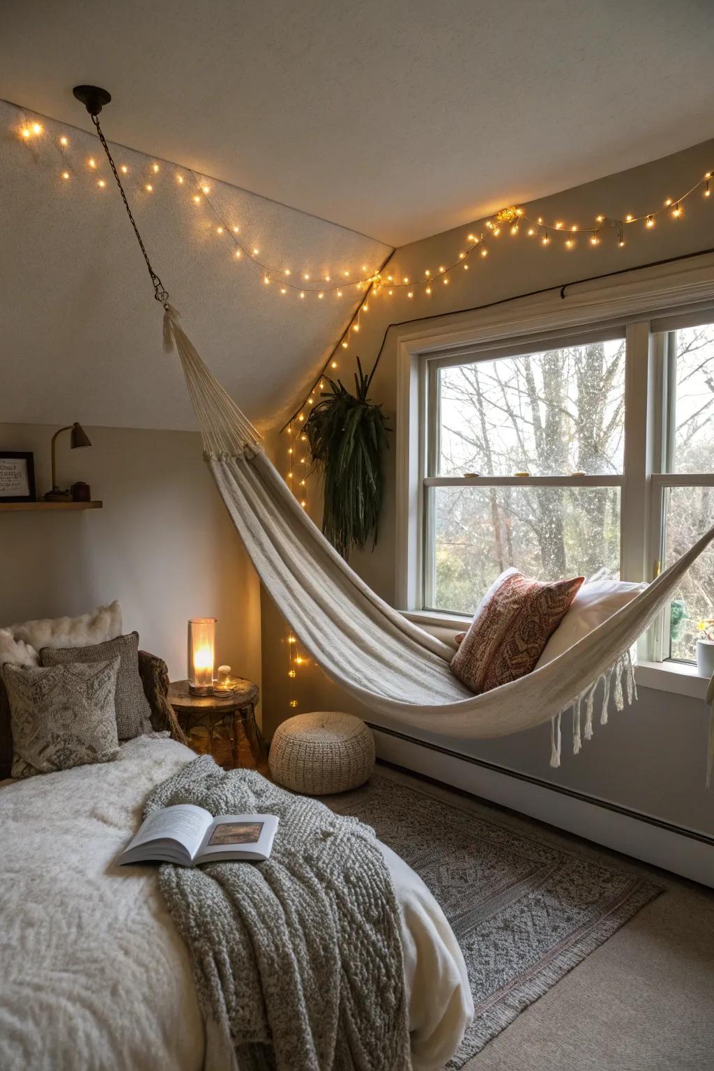 A hammock brings a carefree and relaxing vibe to your bedroom.