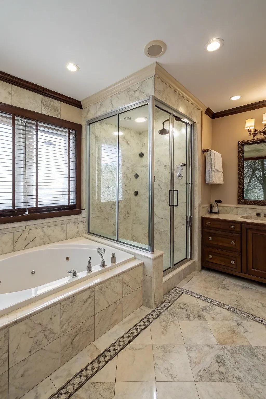A whirlpool tub adds a lavish touch to this bathroom combo.