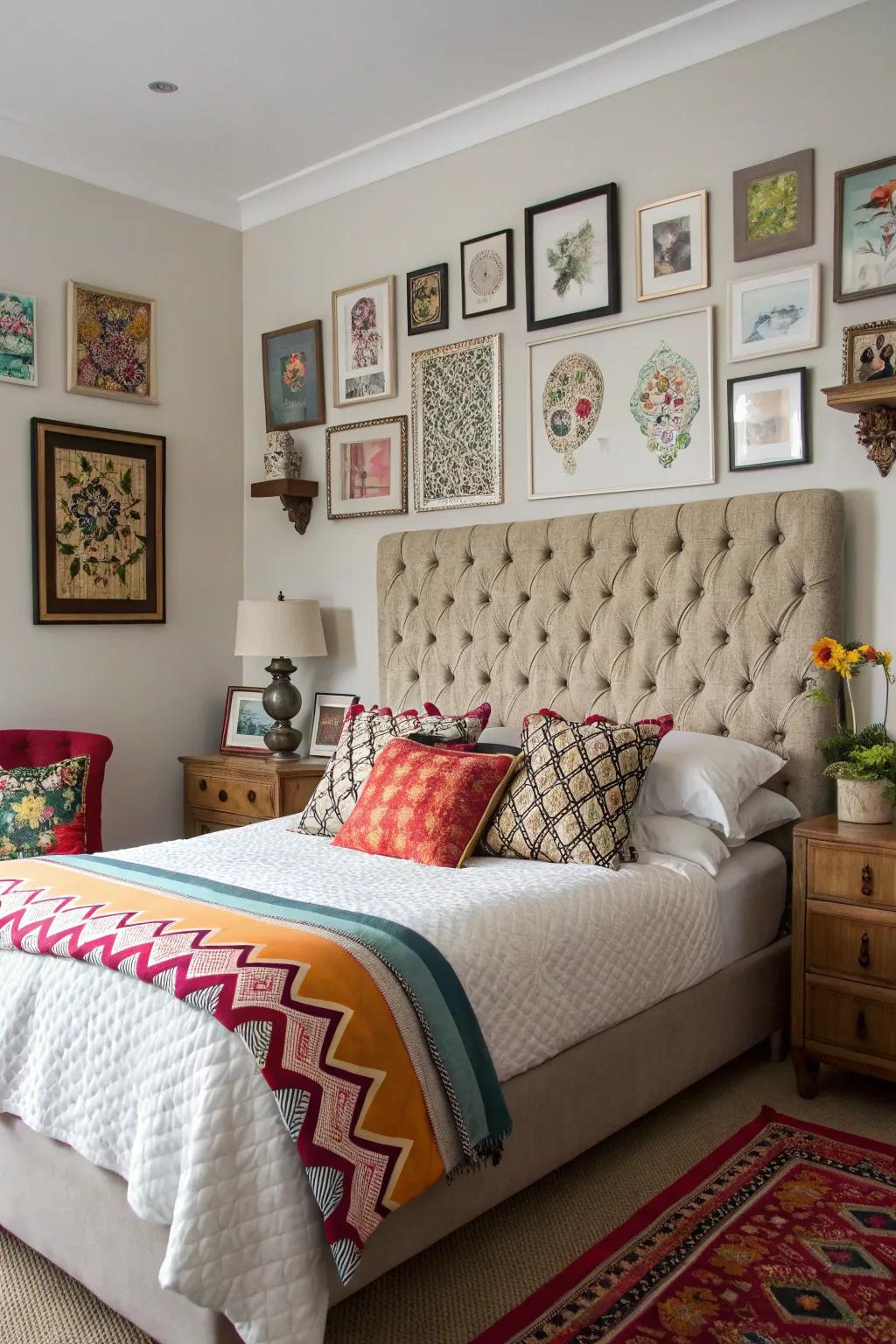 An eclectic bedroom showcasing a patterned tufted headboard.