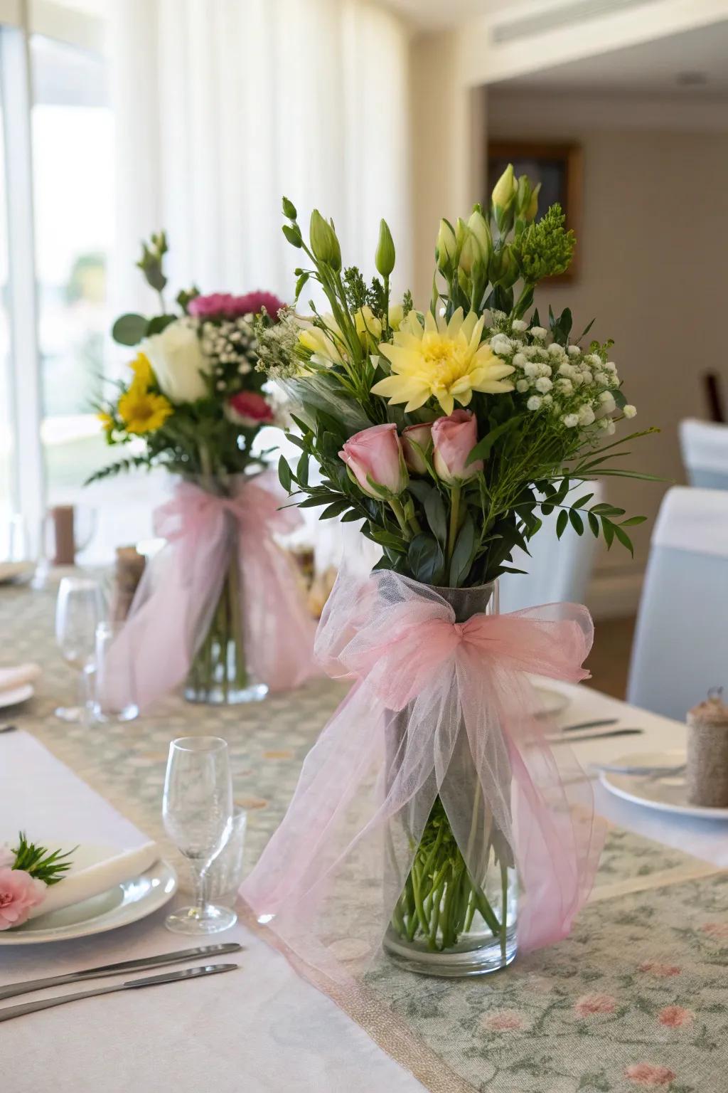 Enhance your flower arrangements with netting-wrapped vases.
