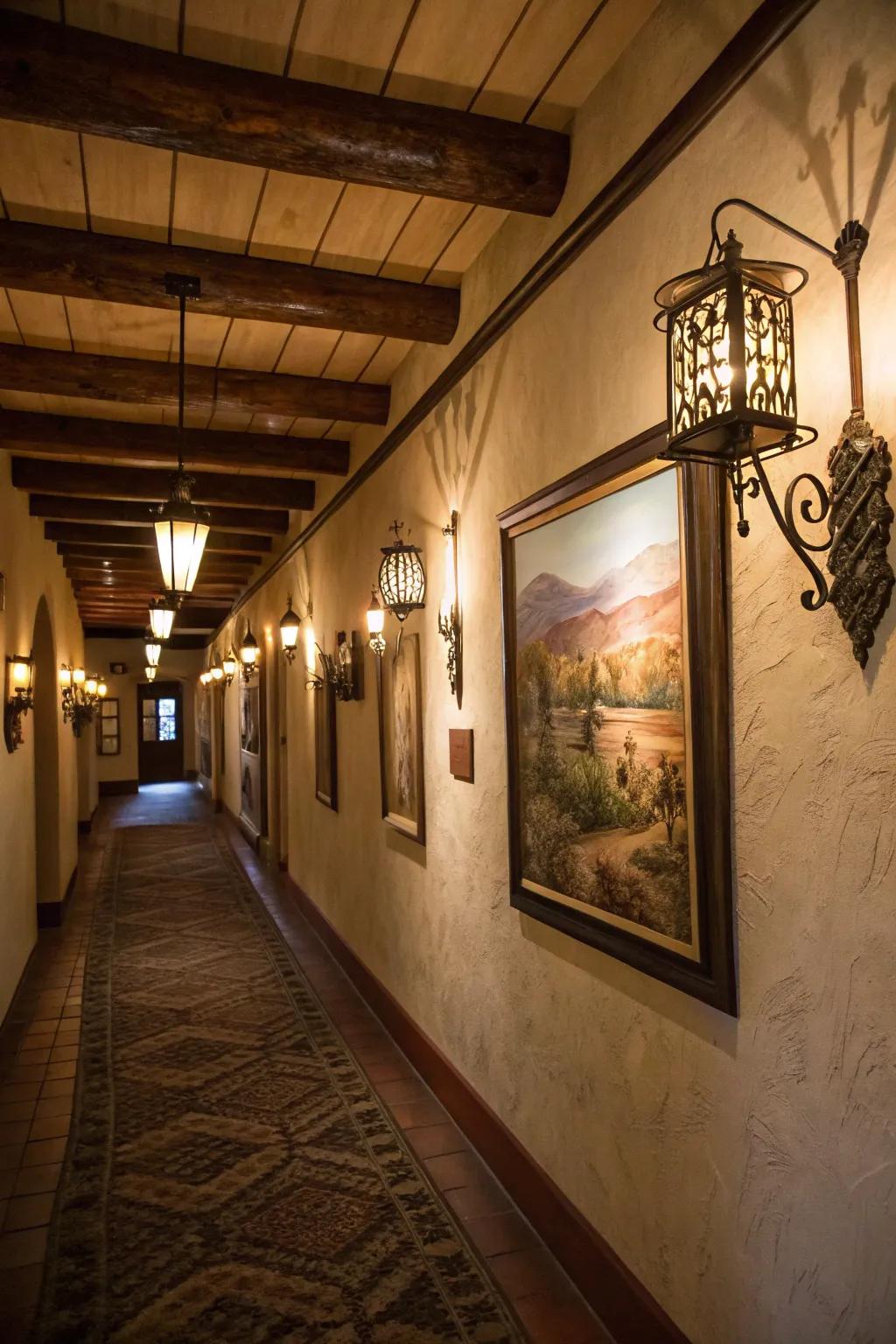 Farmhouse lights add warmth and character to walls.