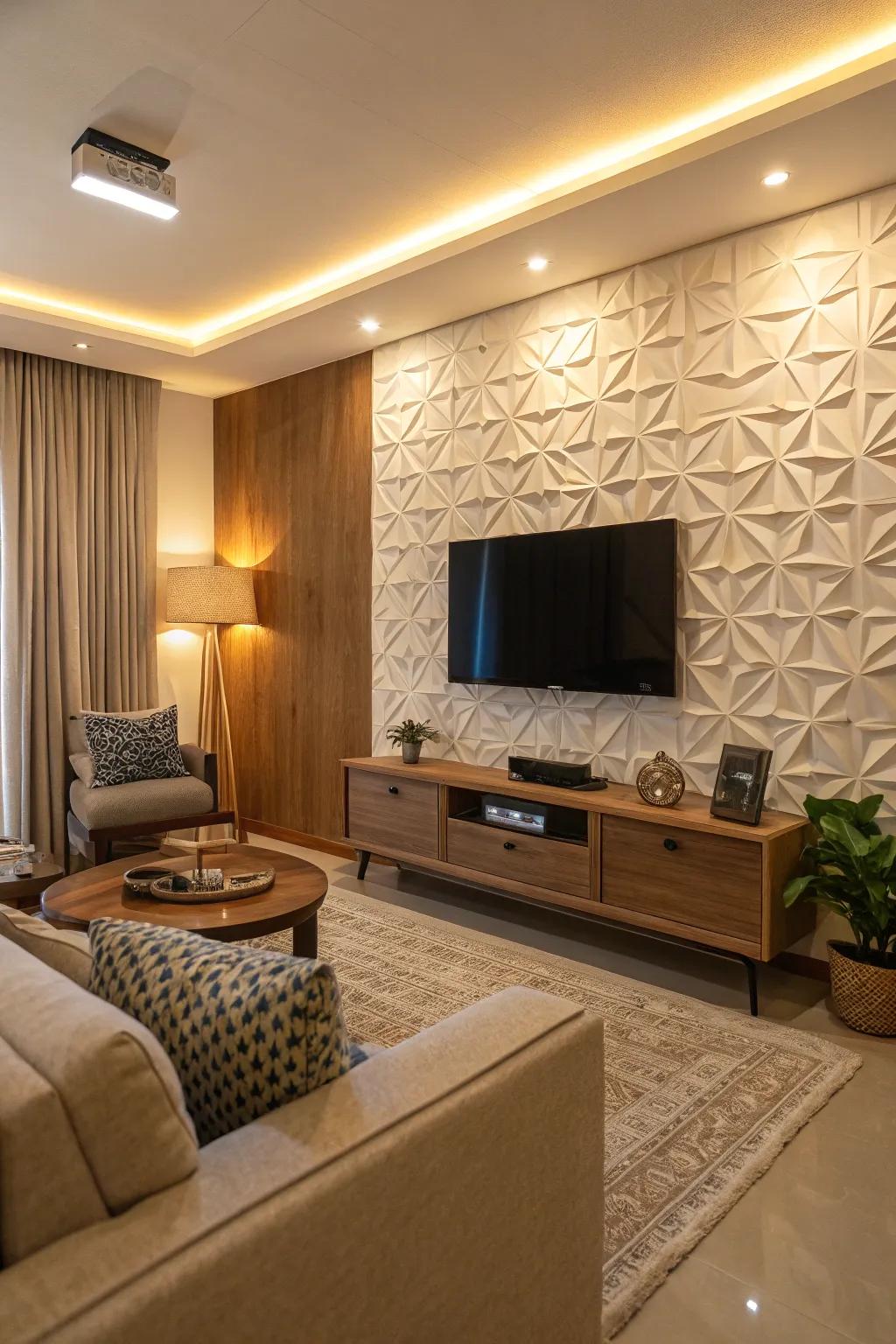 Textured screens introduce depth and intrigue to this TV feature wall.