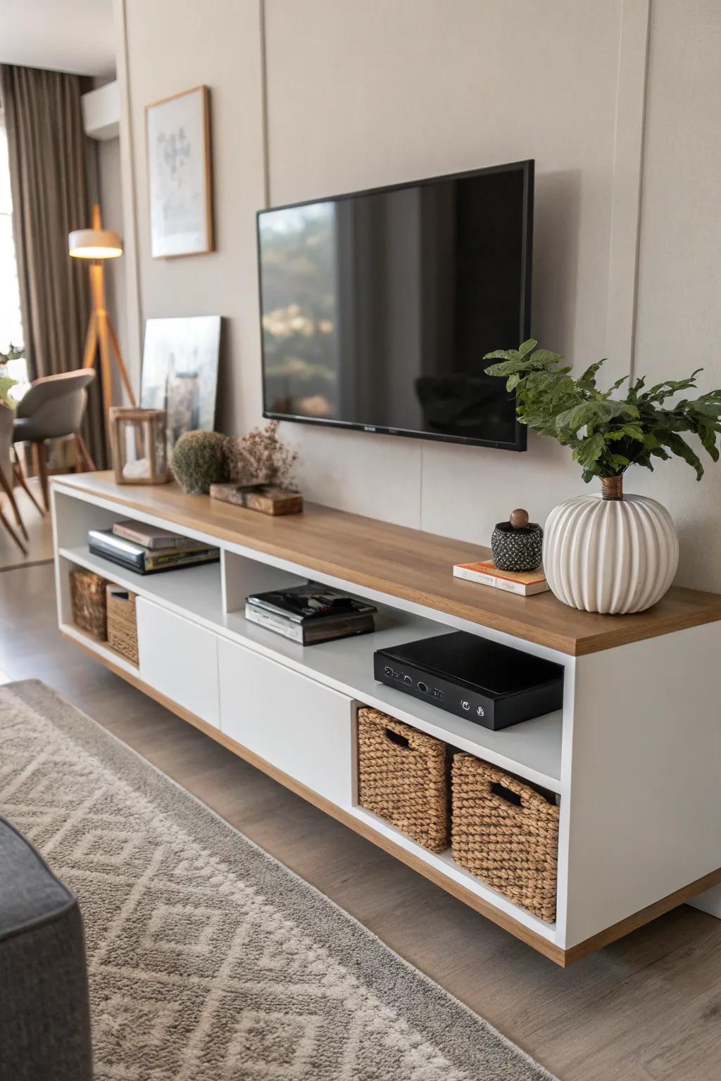 Floating console freeing up space underneath for storage solutions.