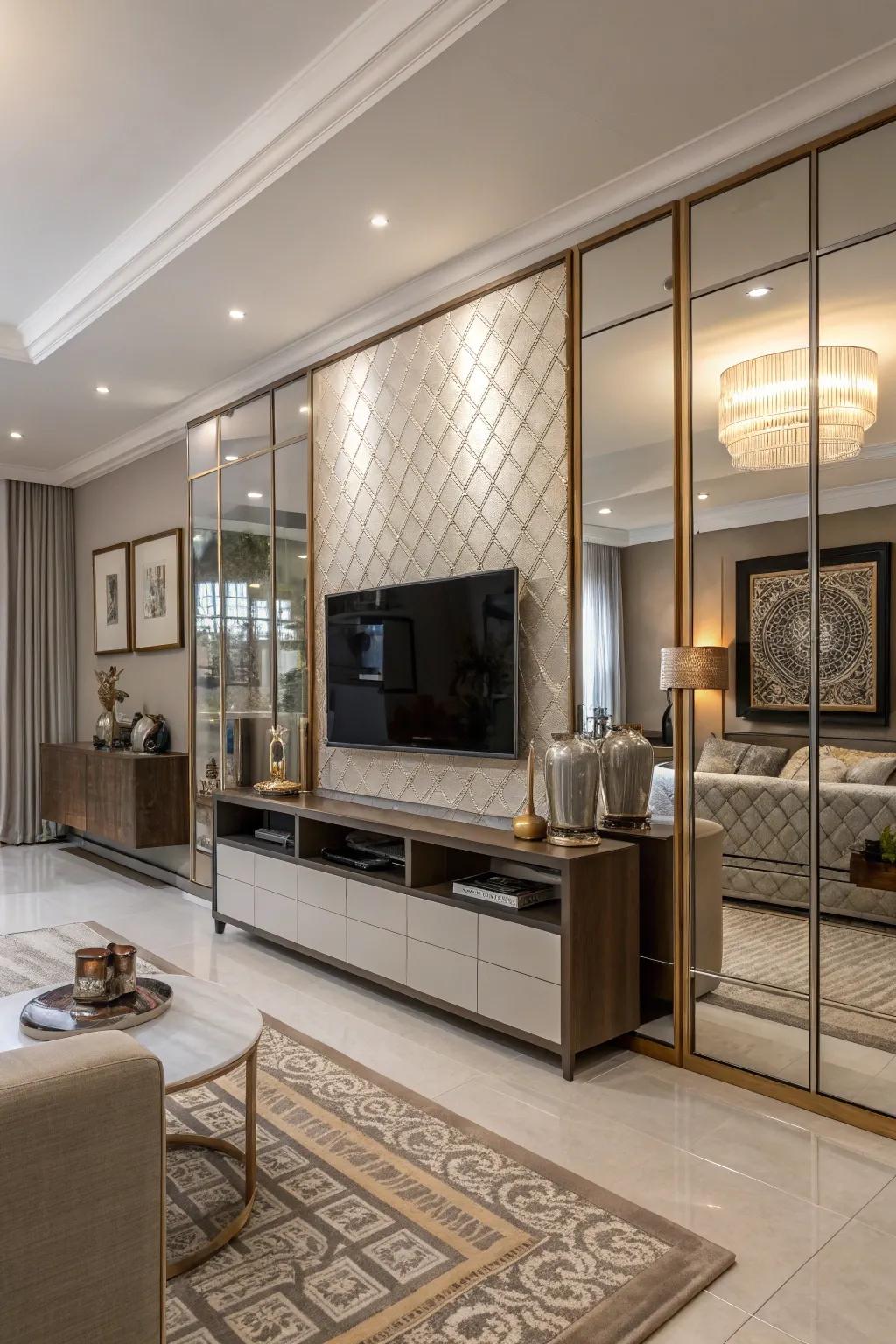 A TV wall that incorporates mirrors for a reflective, modern aesthetic.