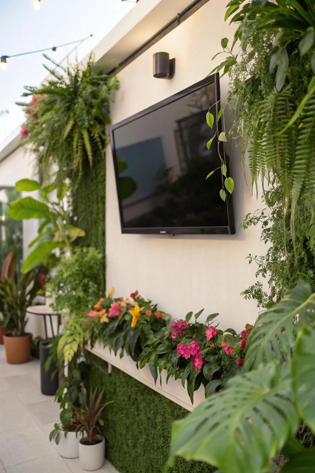 Living decor adds vibrancy and freshness to this TV wall.