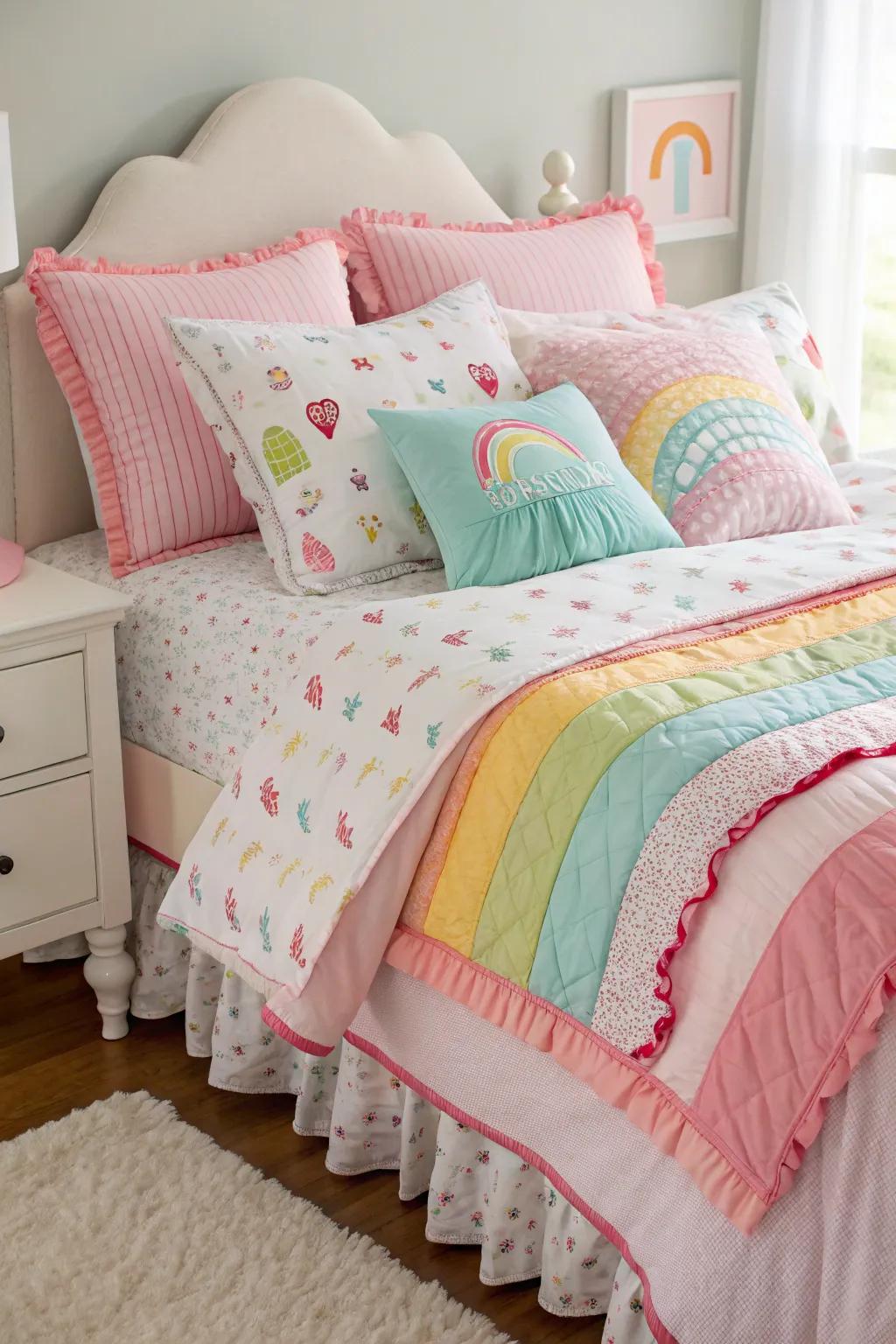 A snug retreat with layered bedding and colorful pillows.