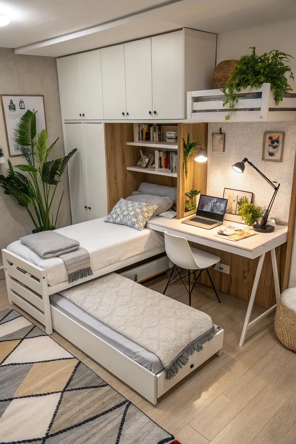 Furniture that does more than one thing helps save area in twin bed rooms.