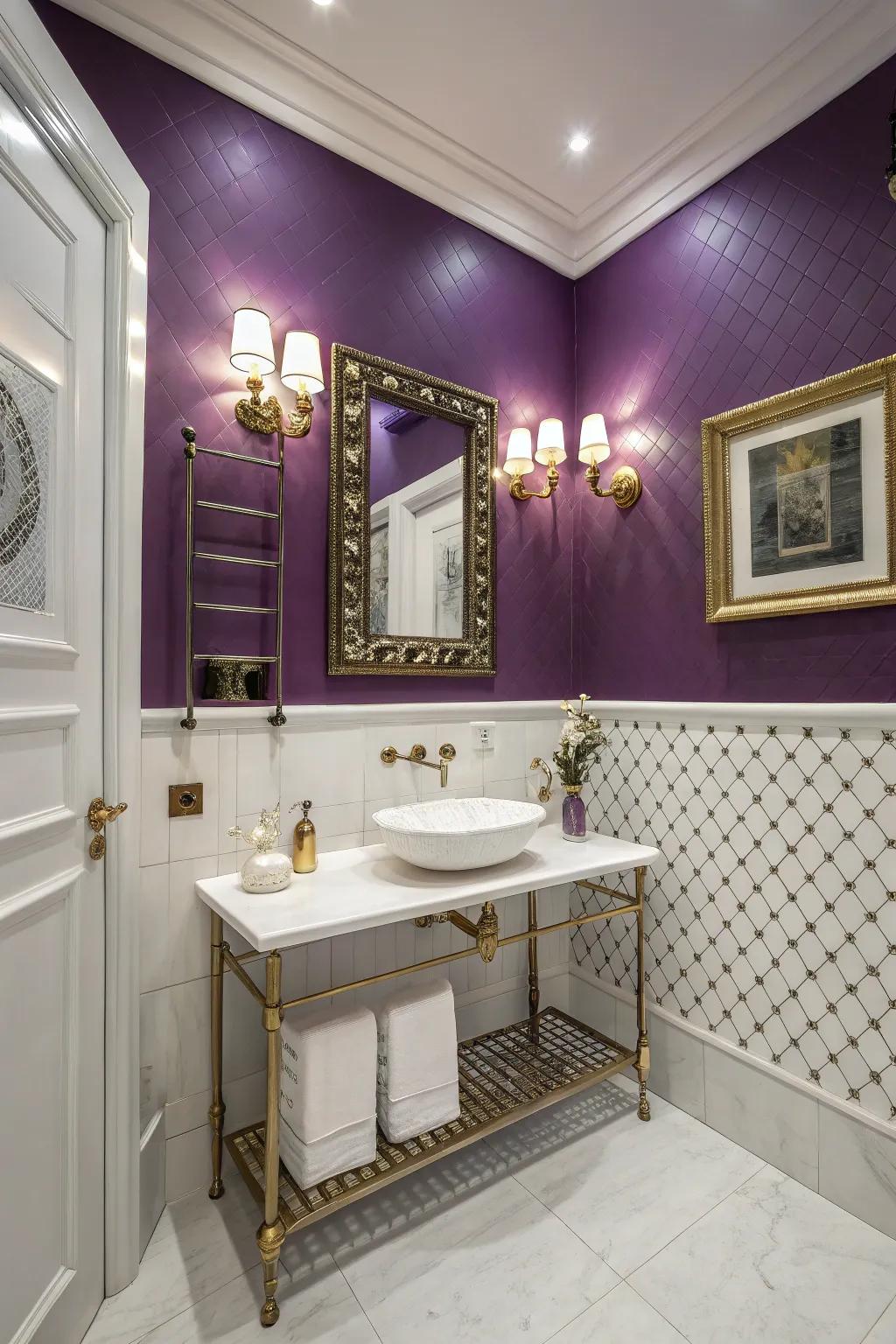 A regal purple and white two-tone wall design that adds a hint of luxury.