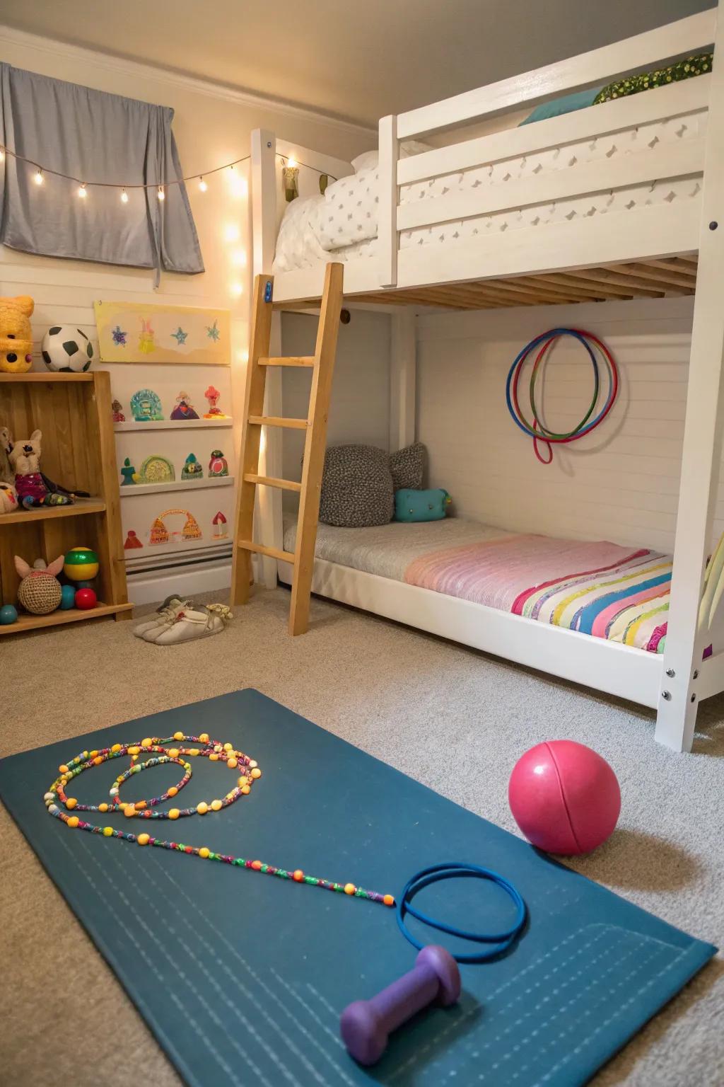 A mini workout area for kids beneath the bunk bed.