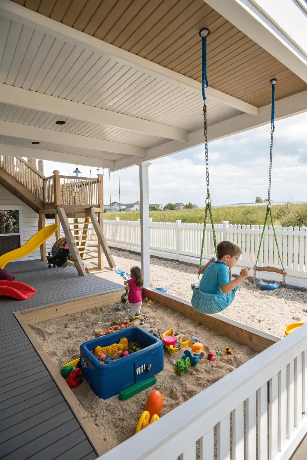 A lively and secure children's vicinity beneath the deck, brimming with entertaining activities.