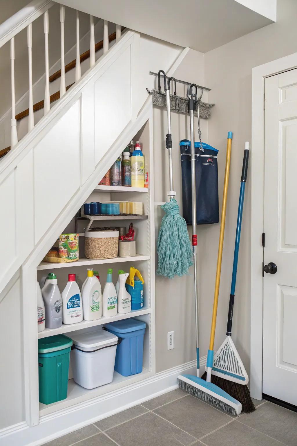A nicely arranged cleaning supply closet under the staircase.