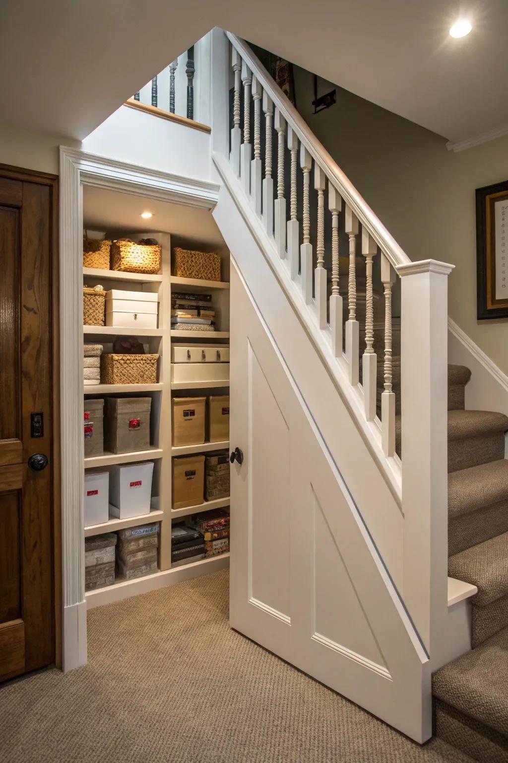 A secret storage closet smartly concealed beneath the staircase.