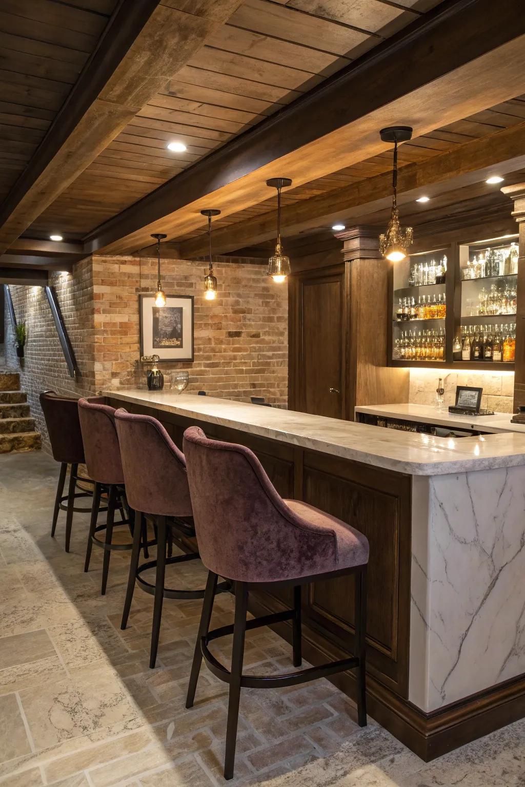 Glamorous touches elevate the style of a basement pub.