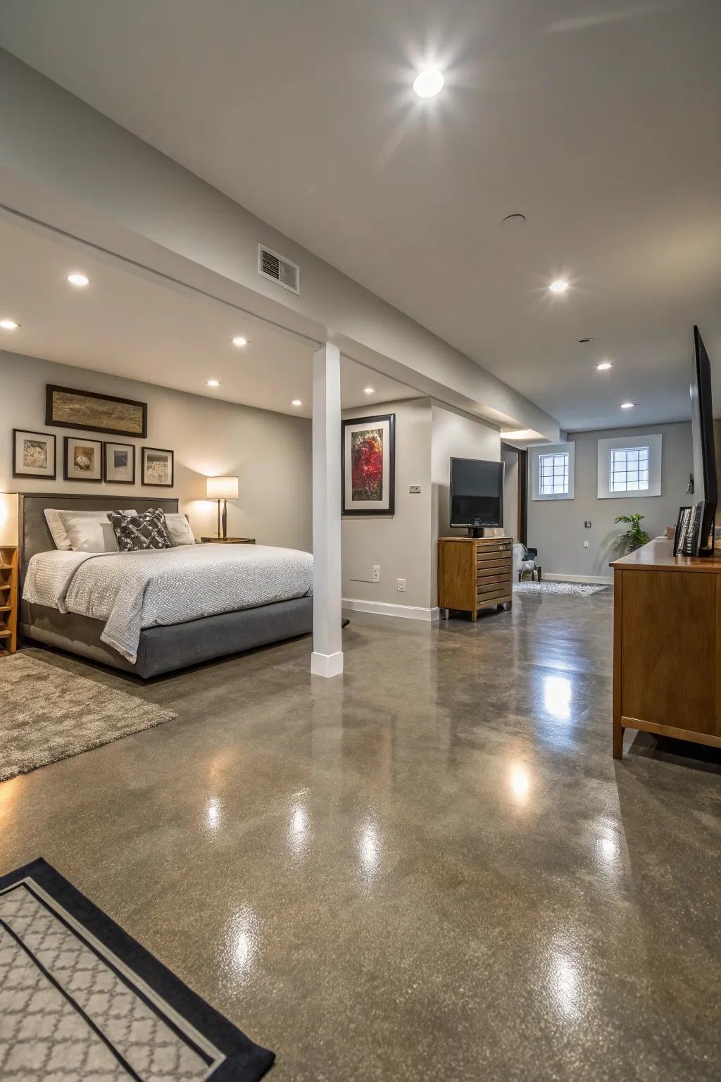 Painted flooring can inject a unique, modern feel into your basement space.