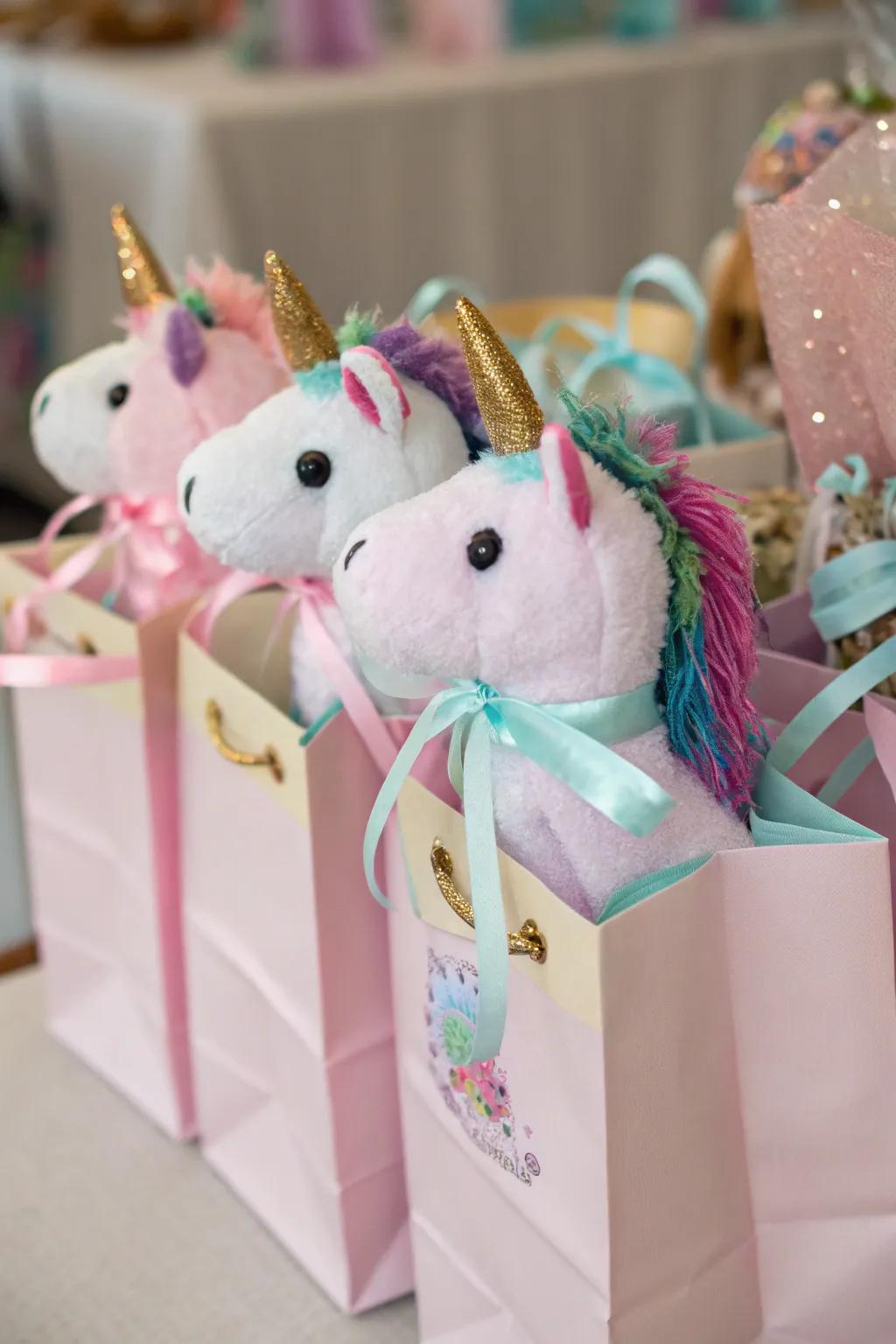 Adorable unicorn plush toys in treat pouches.