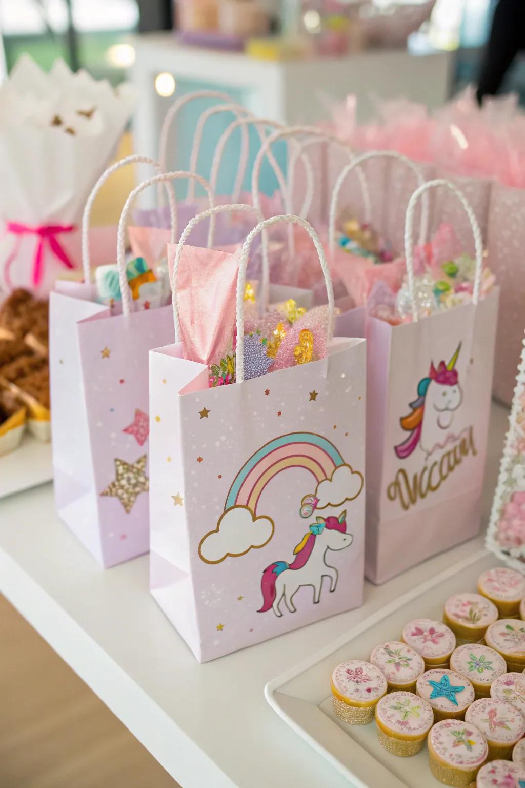 Unicorn celebration token pouches awaiting attendees to retrieve.