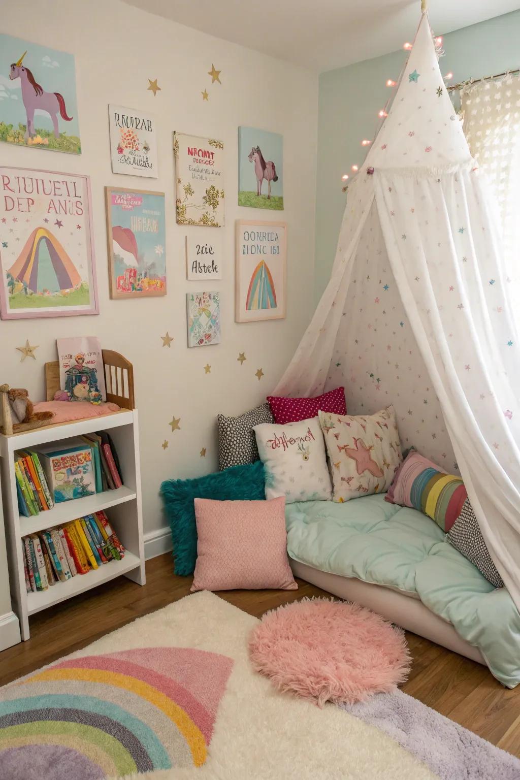 A reading spot presents a magical retreat for young readers.