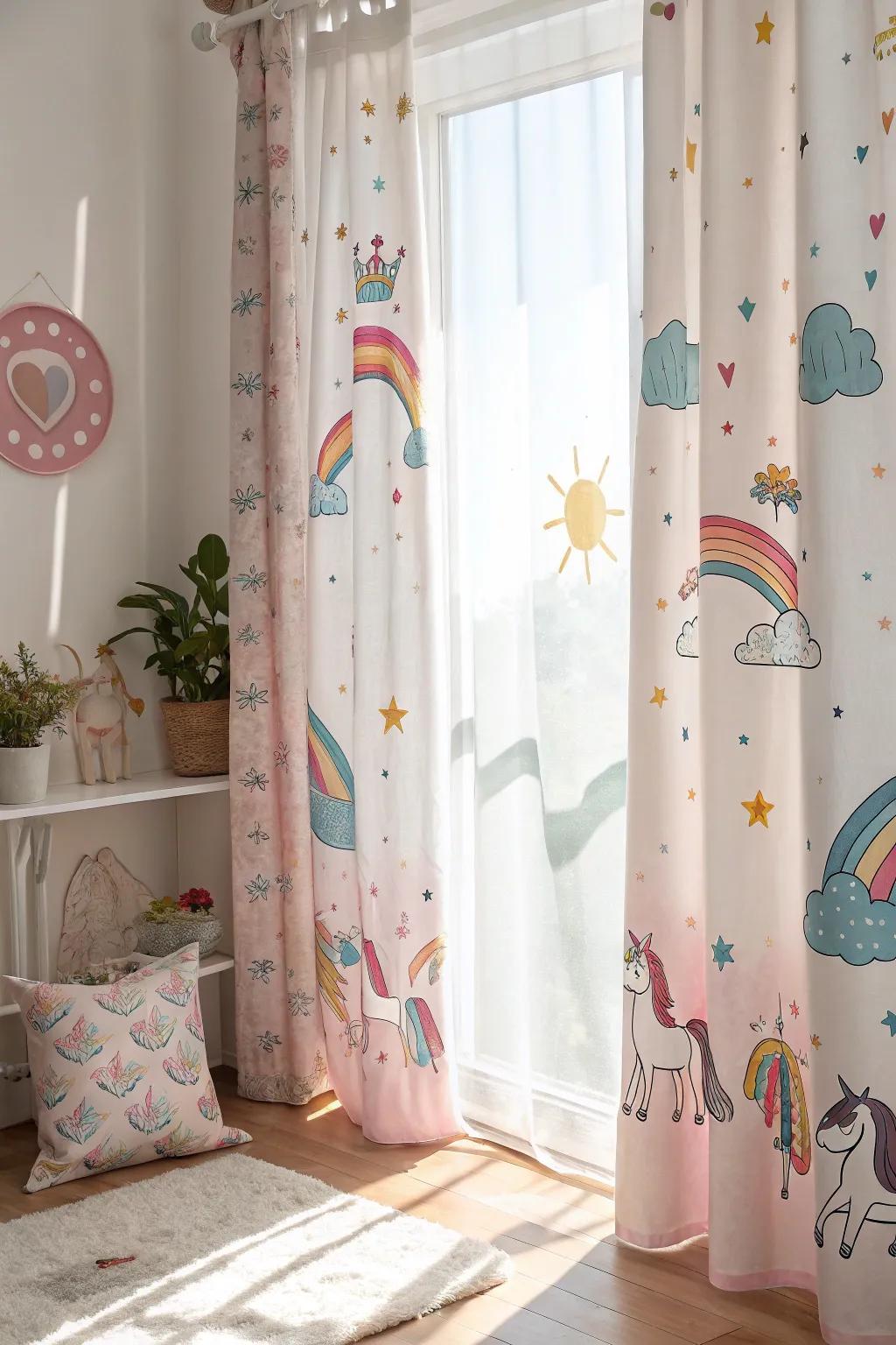 Unicorn-themed curtains add charm to the space.