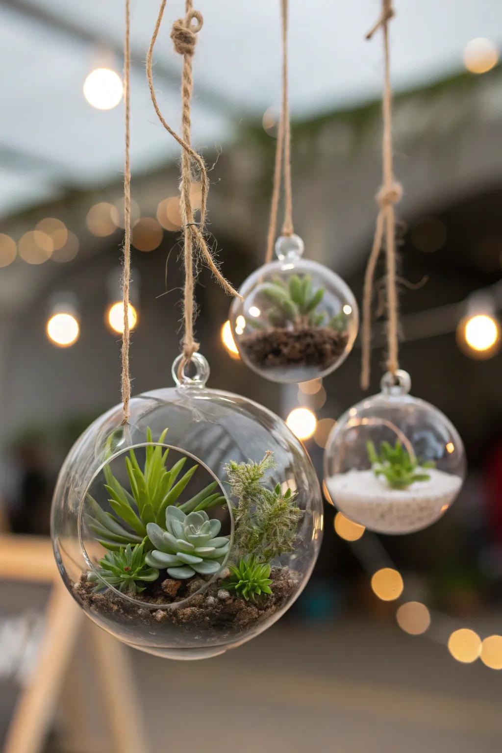 Modern glass orbs showcase suspended succulent sanctuaries.
