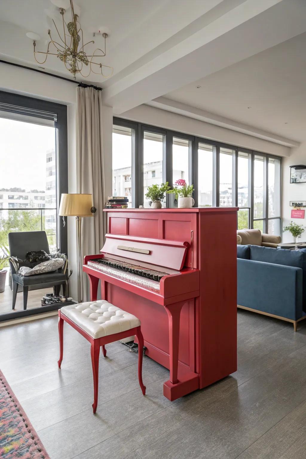 A modern living room featuring a boldly painted upright piano.