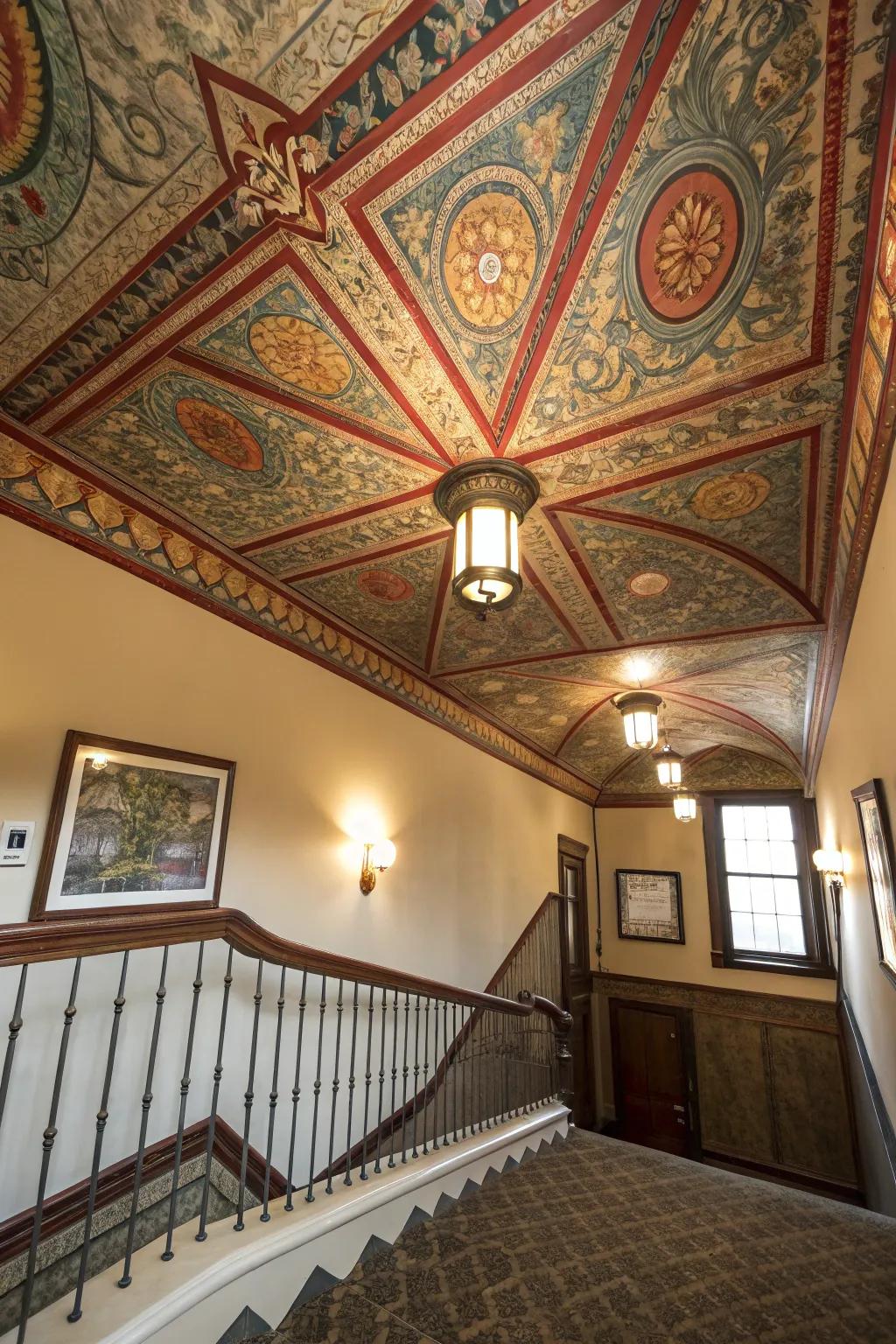 A statement ceiling adds unexpected flair to the upper hallway.