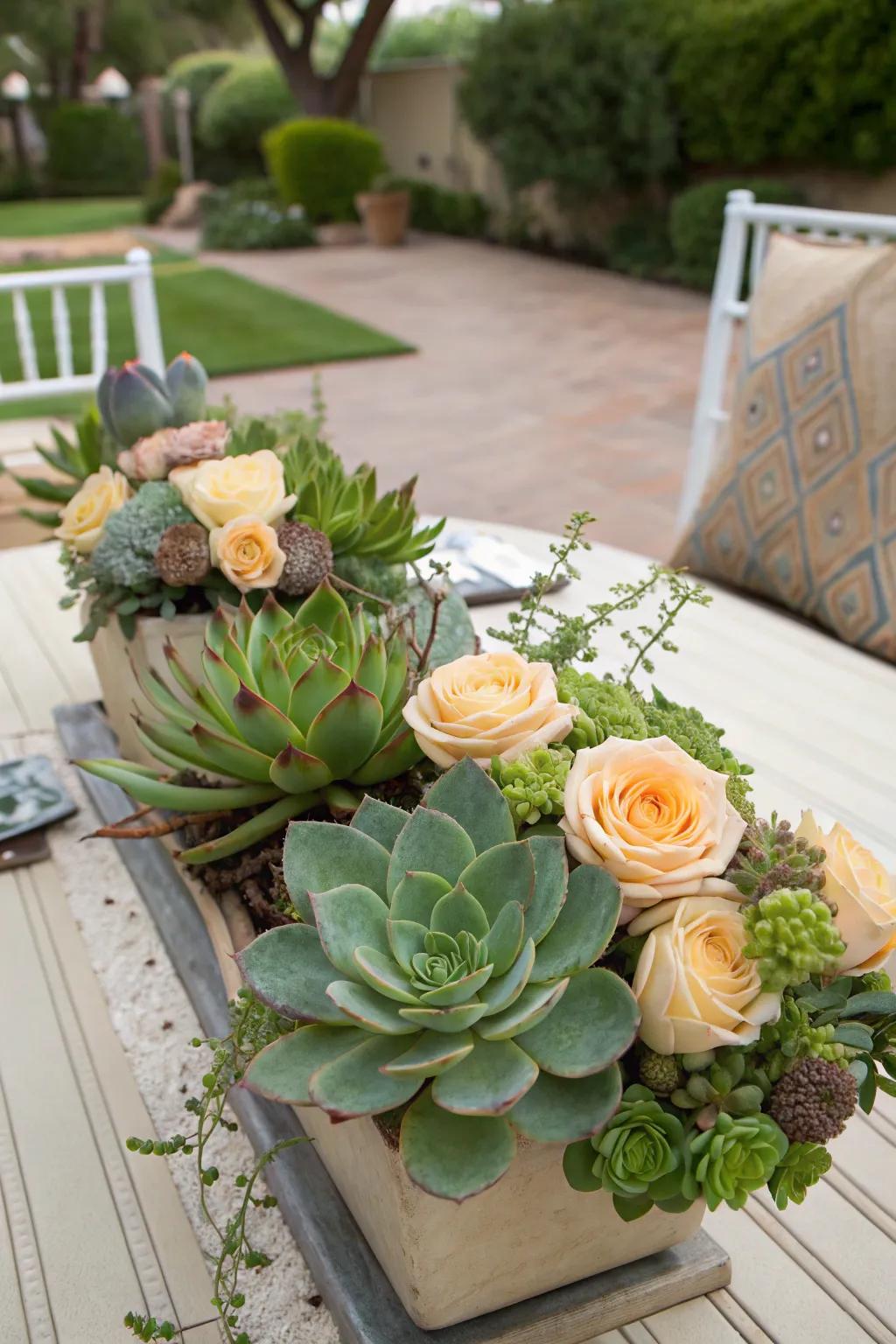 A modern combination of succulents and flowers.
