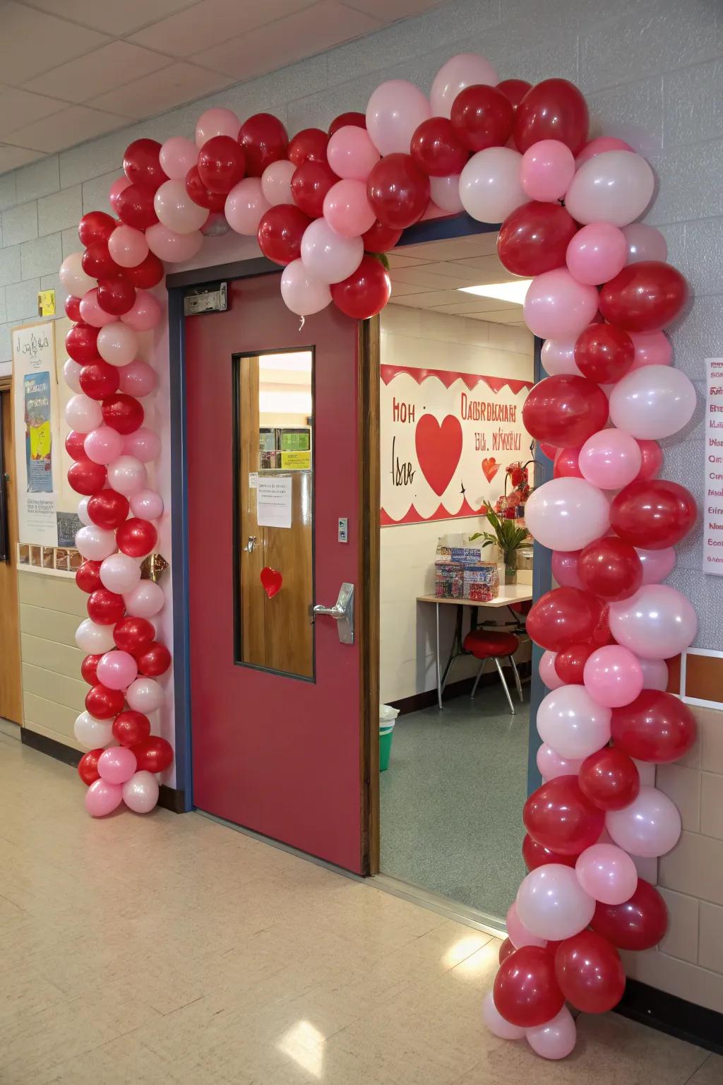 A magnificent entrance framed by a heart-shaped balloon arch.