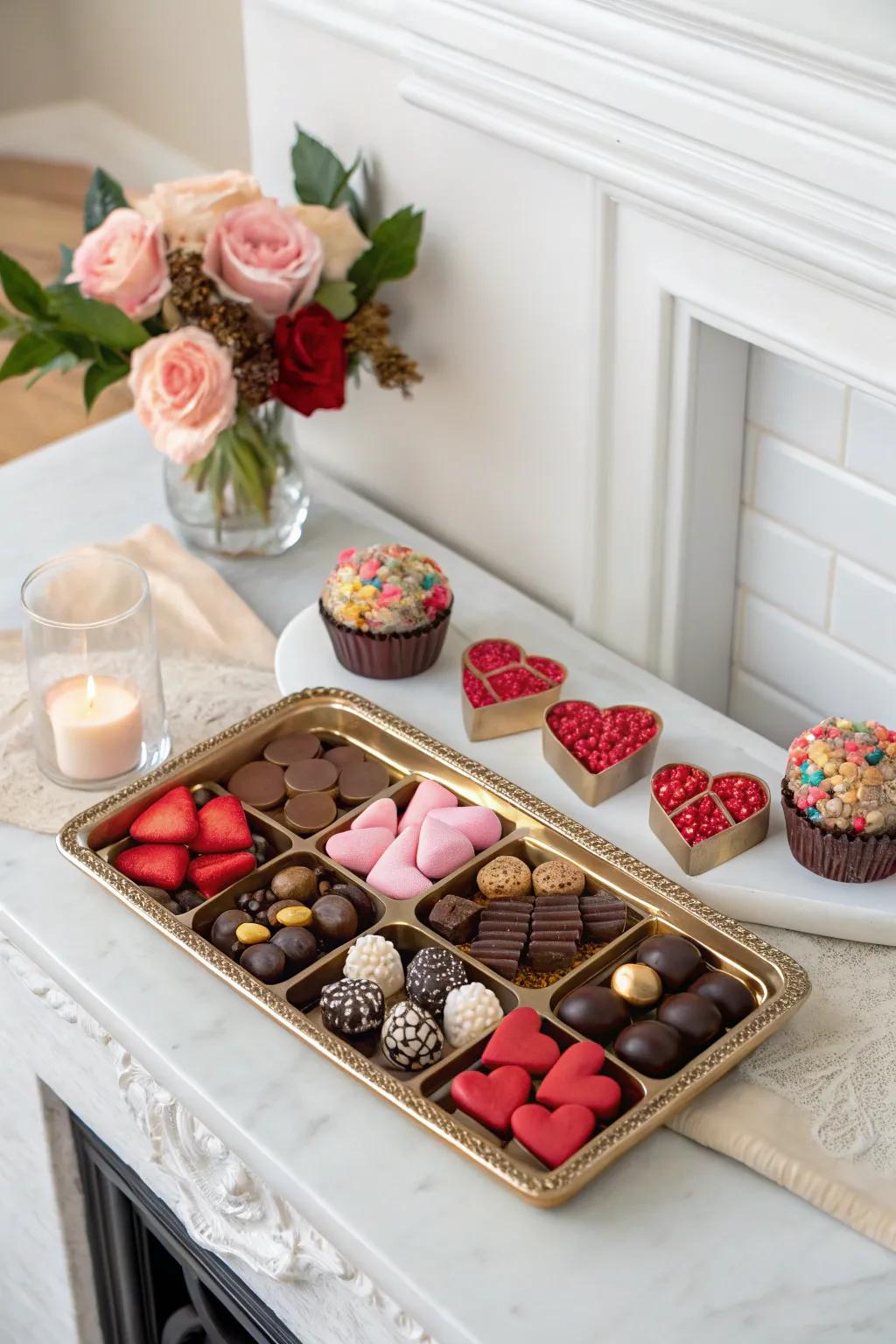 A tempting exhibit of Valentine's treats on the mantel.