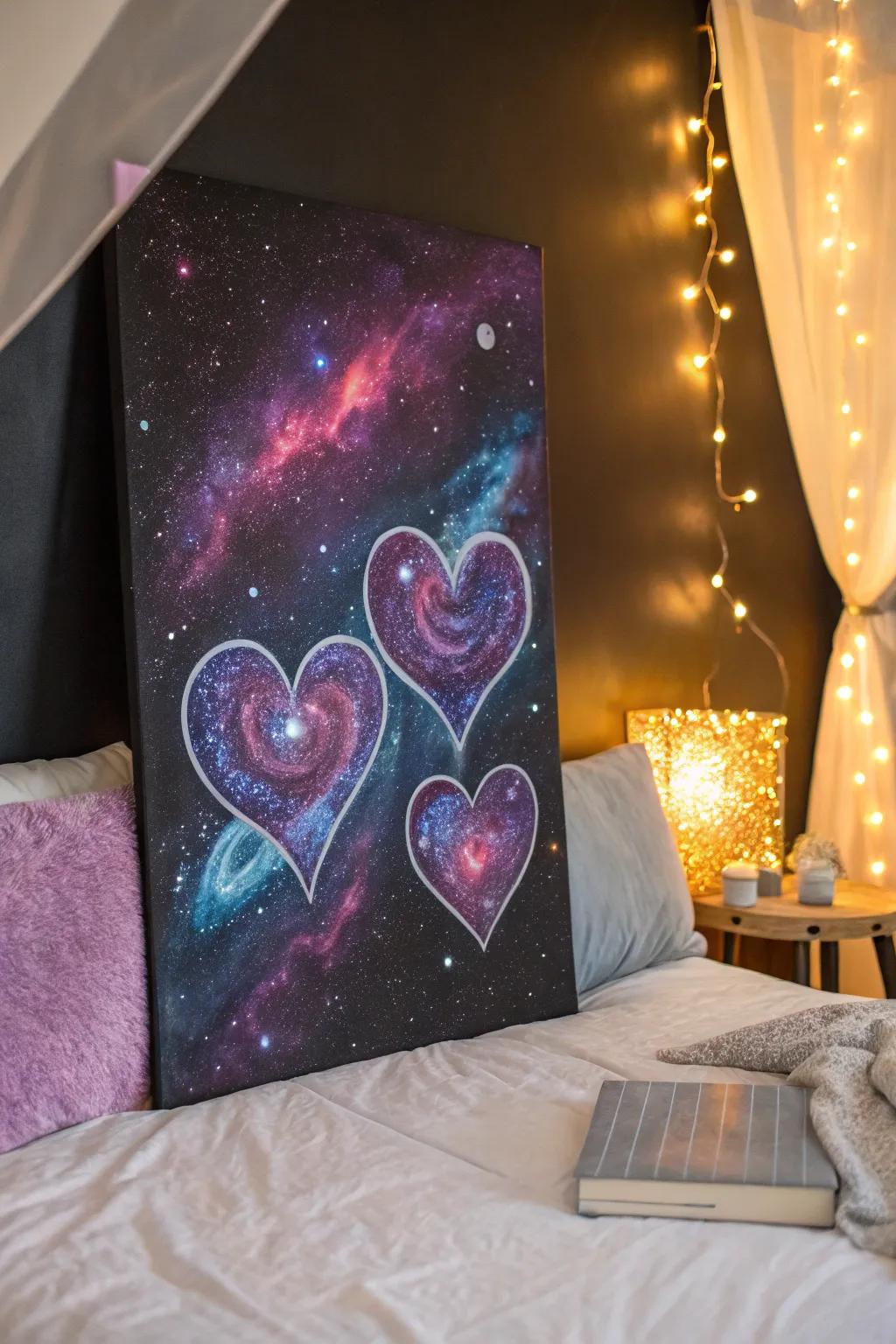 A galaxy-themed heart painting contributes a hint of enchantment.