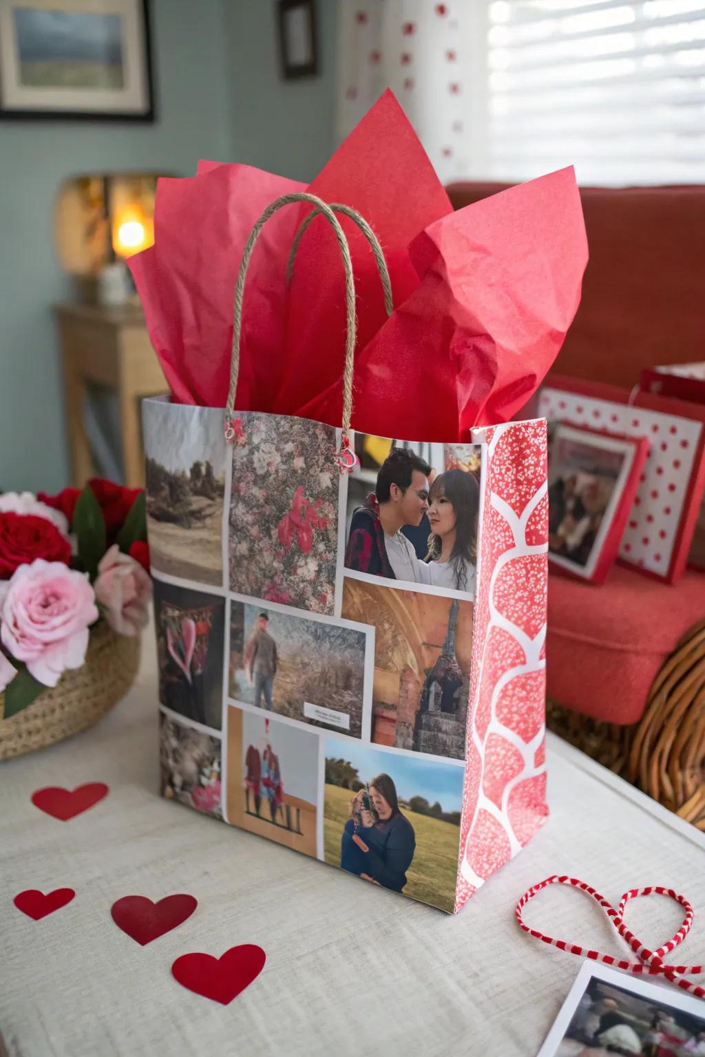 Distinct mixed media collage Valentine's bag.