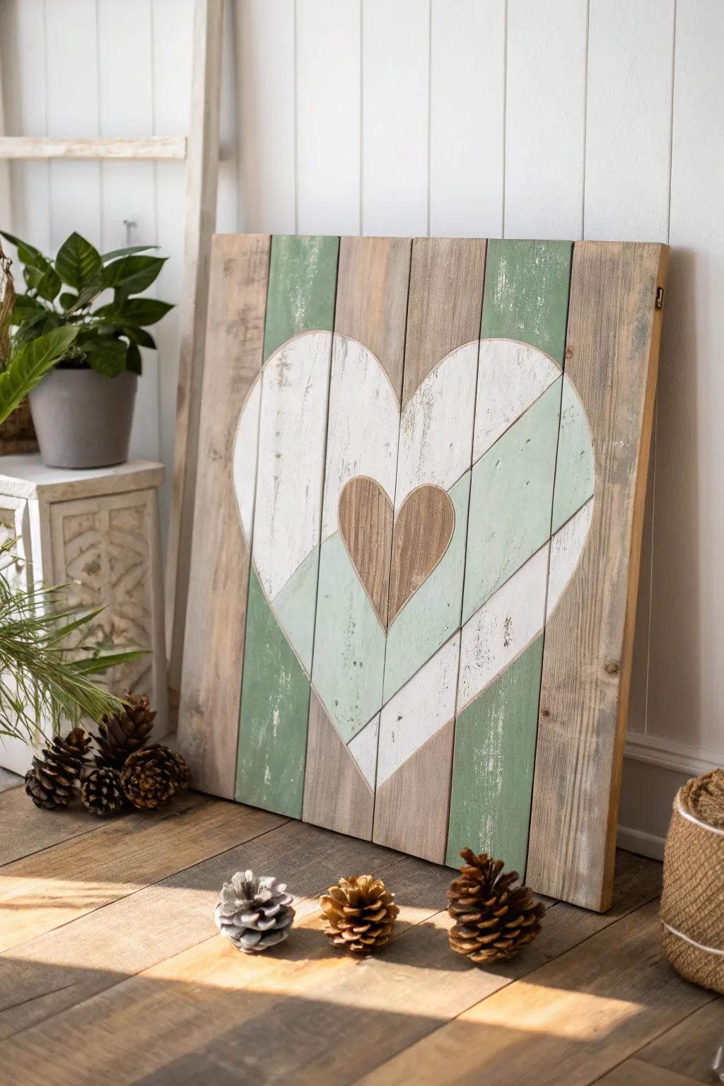 Celebrate the allure of vintage sophistication with this handmade timbered heart canvas.