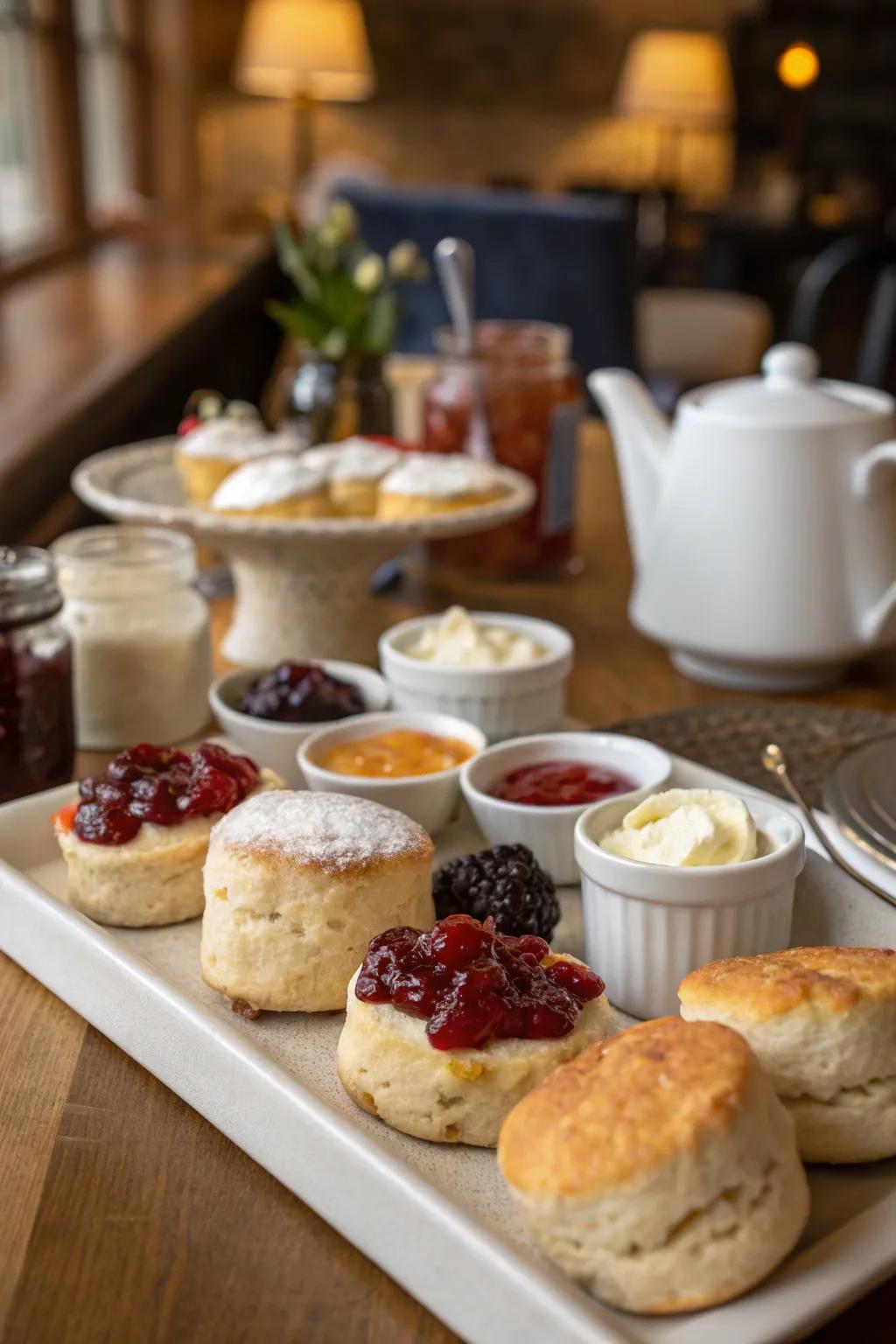 A delightful scone assembly with an array of garnishes for personalization.