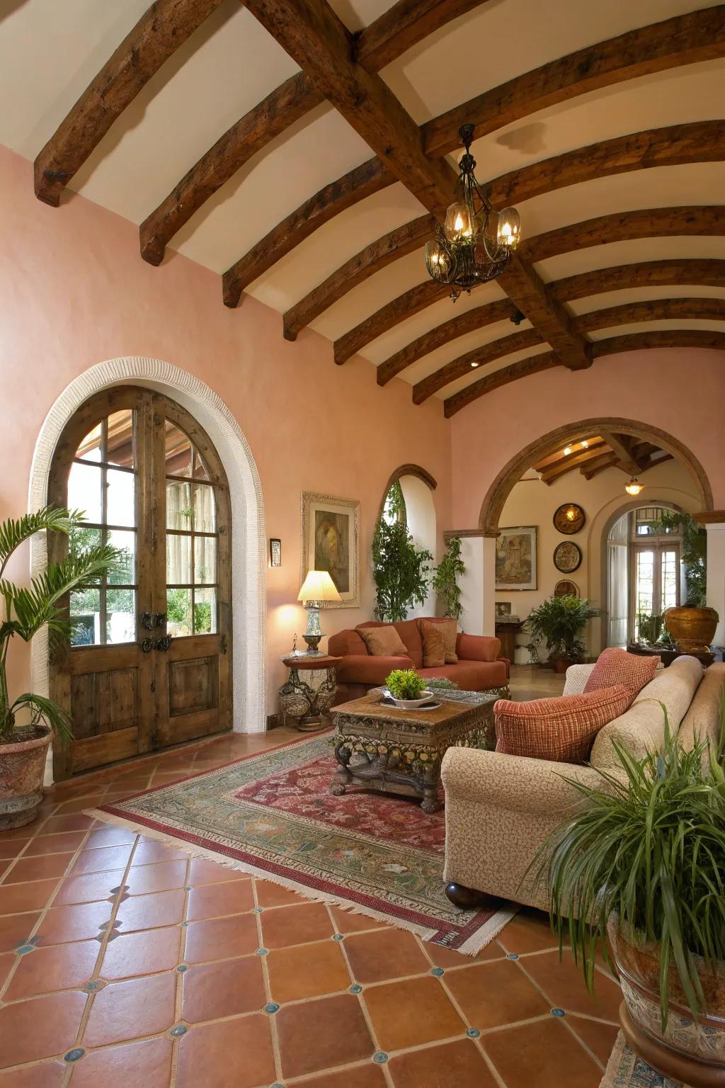 Mediterranean allure achieved through curved beams on a vaulted ceiling.