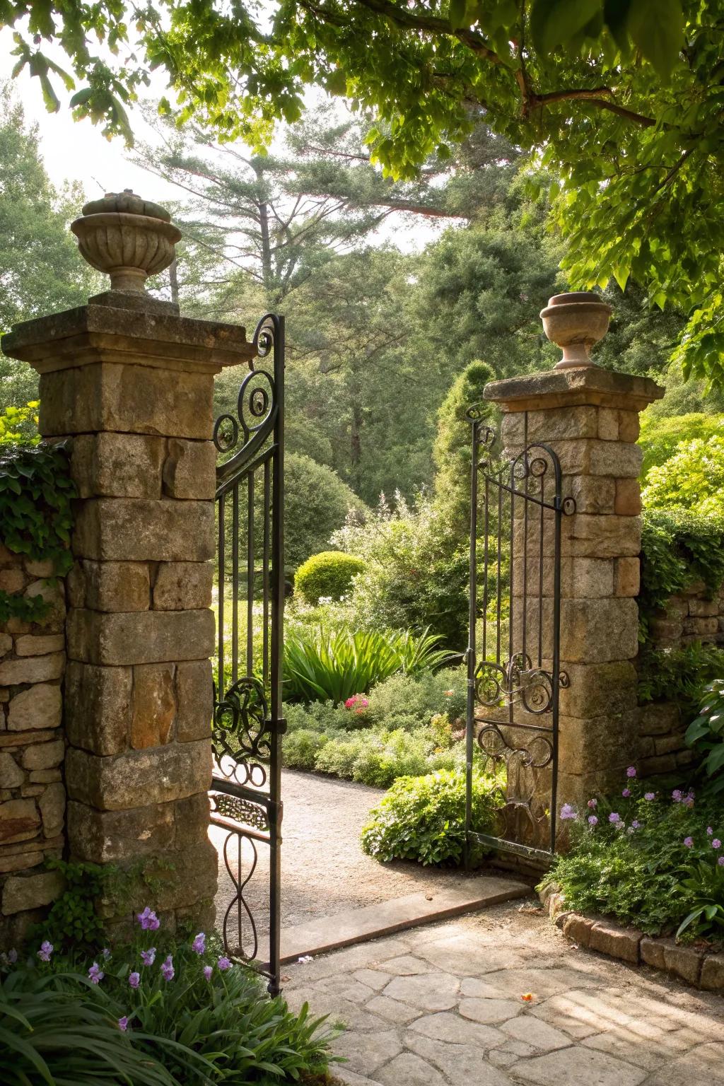 Rock columns adding grandeur to the garden's doorway.