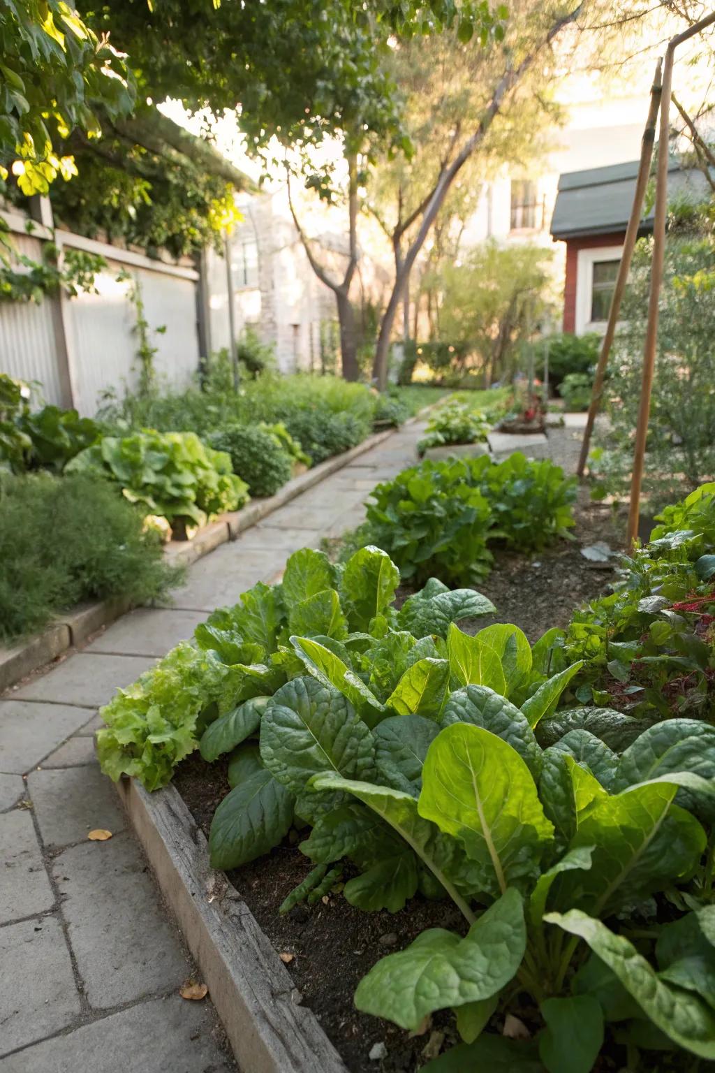 Leafy greens flourishing in a shaded corner of the garden.